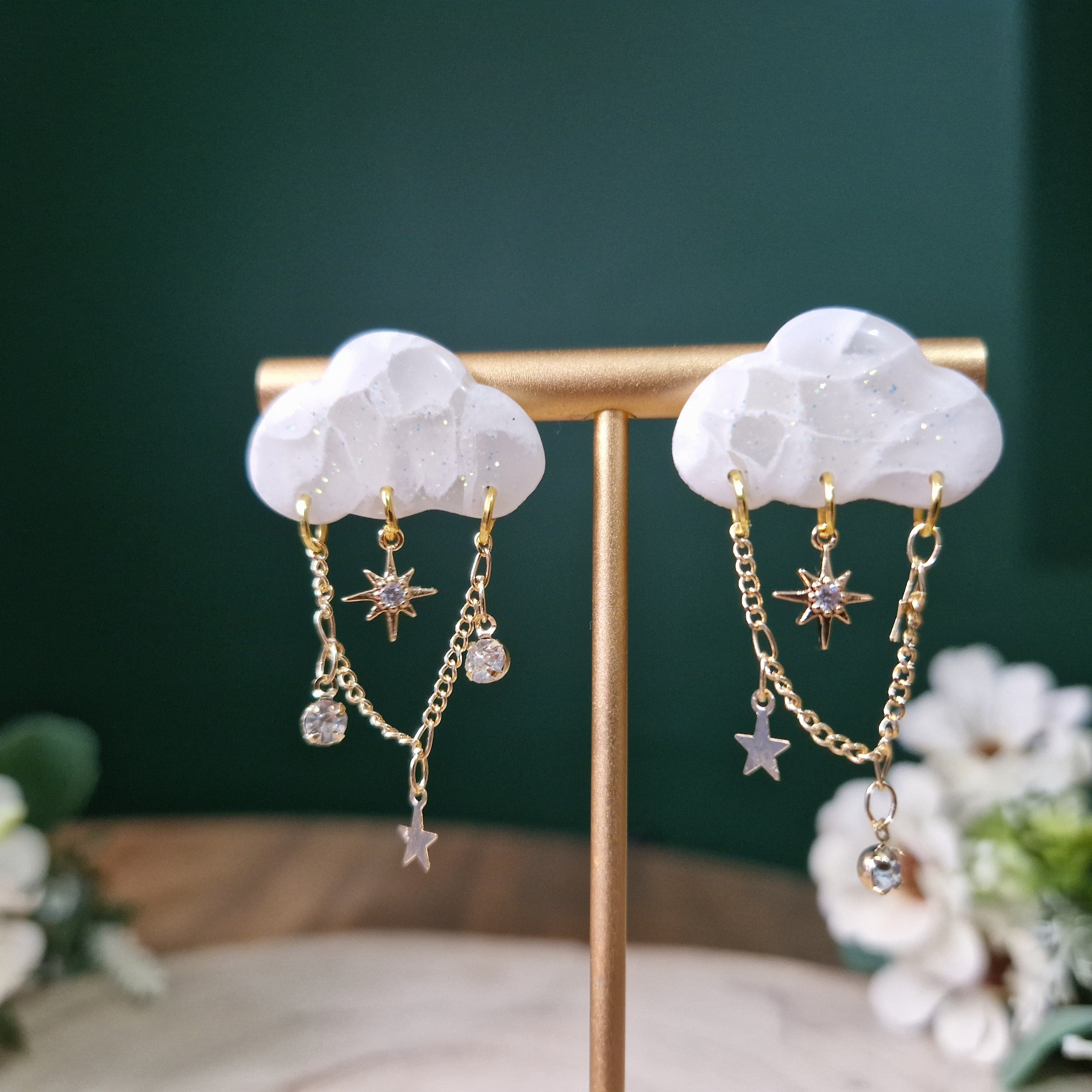 Dainty Cloud Stud Earrings: 18k Gold CZ Star Dangle Earrings