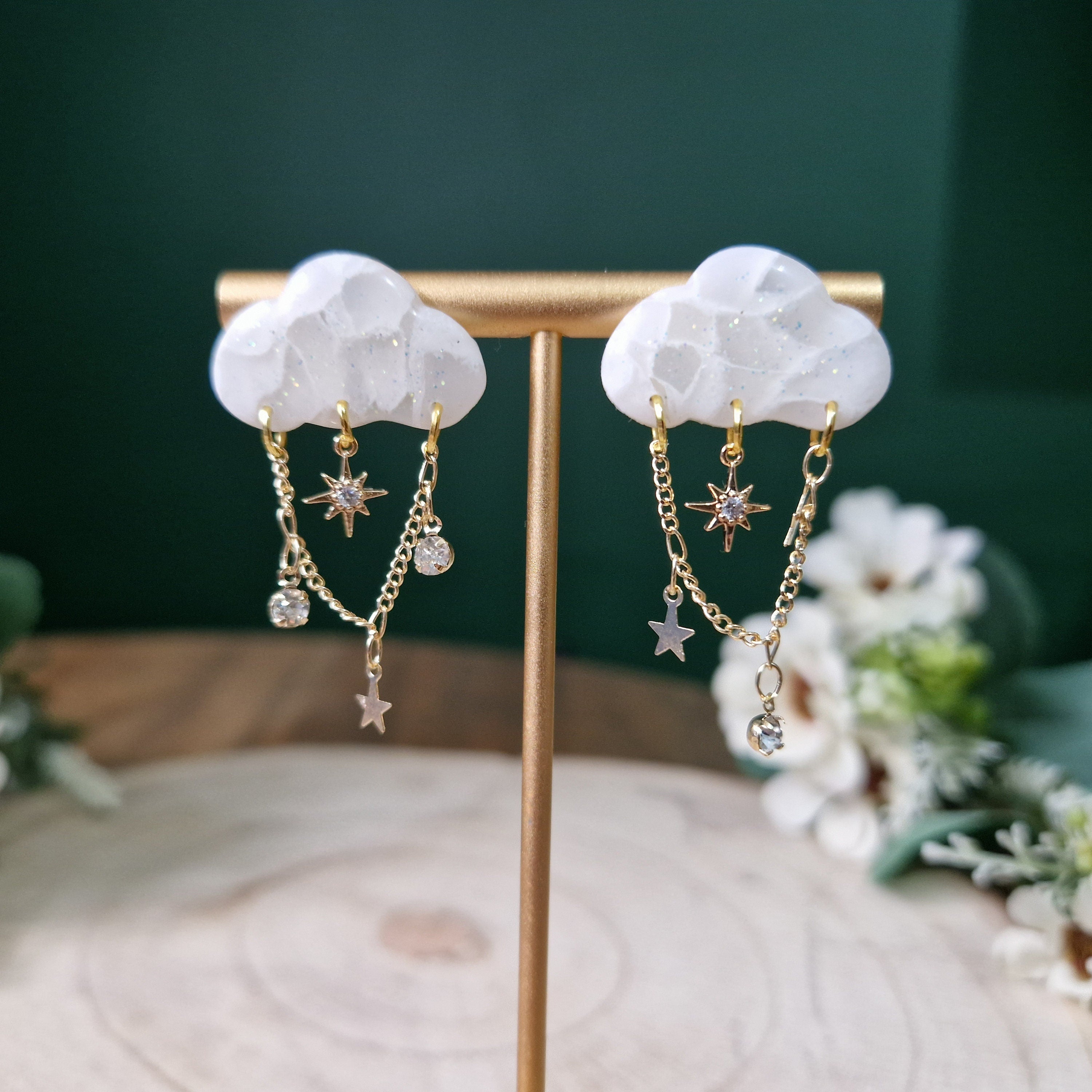 Dainty Cloud Stud Earrings: 18k Gold CZ Star Dangle Earrings