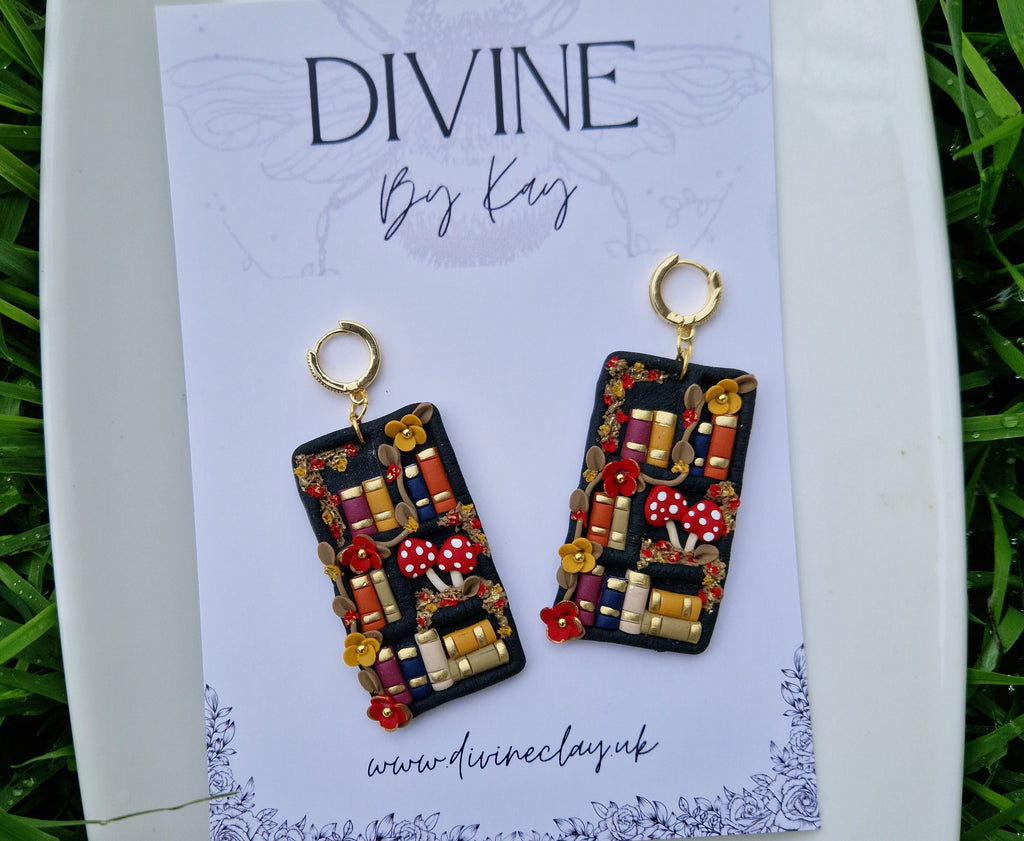 Bookshelf Earrings: Handmade Clay Books, Flowers & Mushrooms