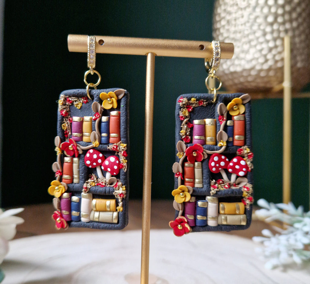 Bookshelf Earrings: Handmade Clay Books, Flowers & Mushrooms