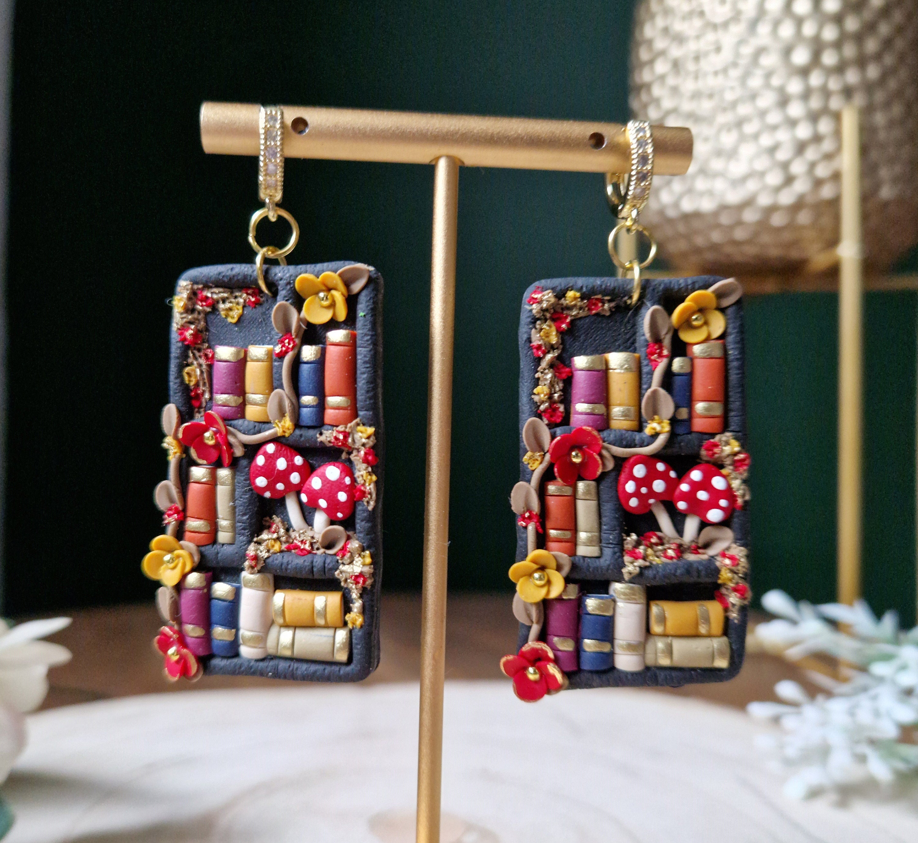 Bookshelf Earrings: Handmade Clay Books, Flowers & Mushrooms
