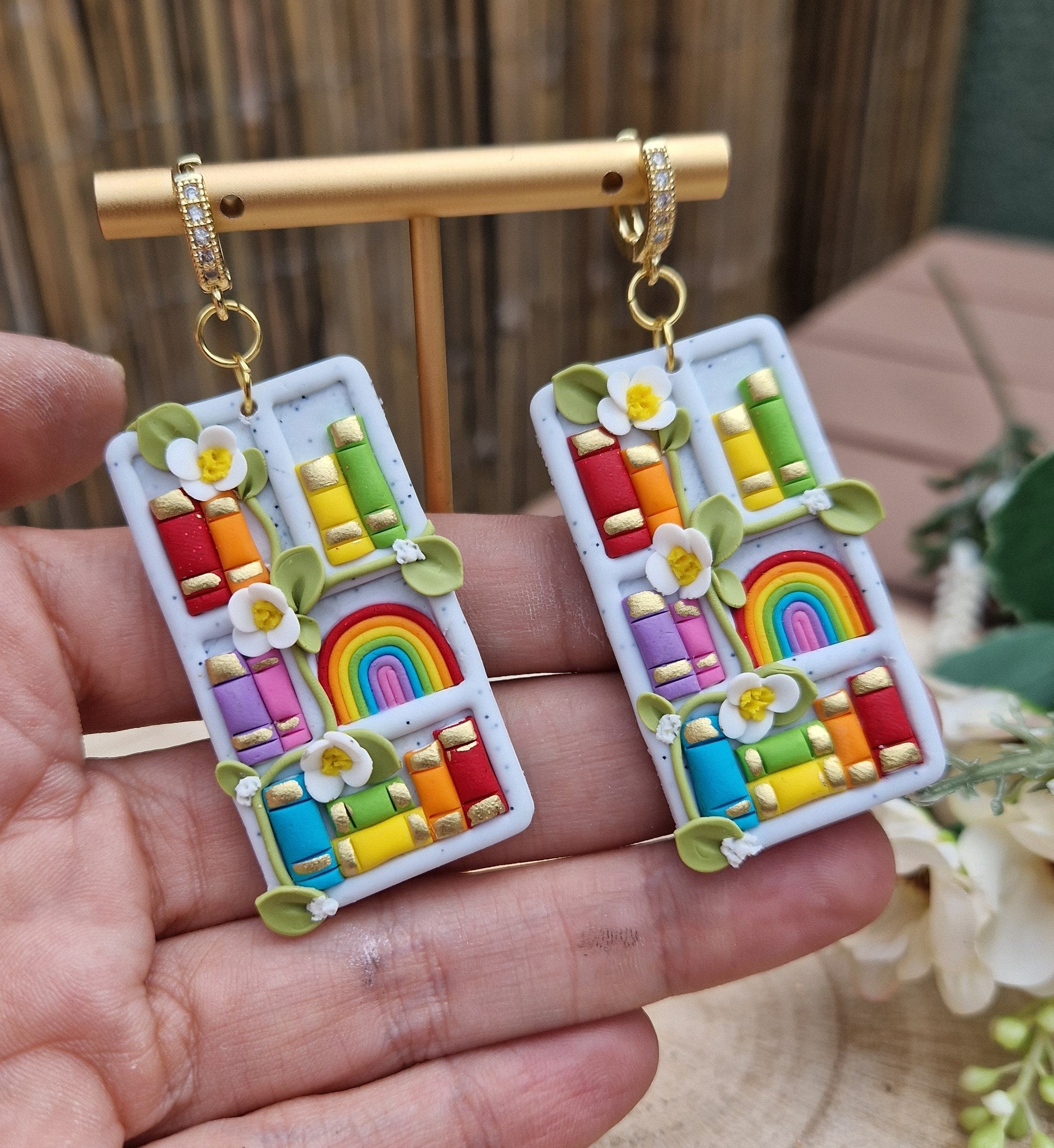 Rainbow Book Earrings: Handmade Clay Bookshelf Dangle Earrings