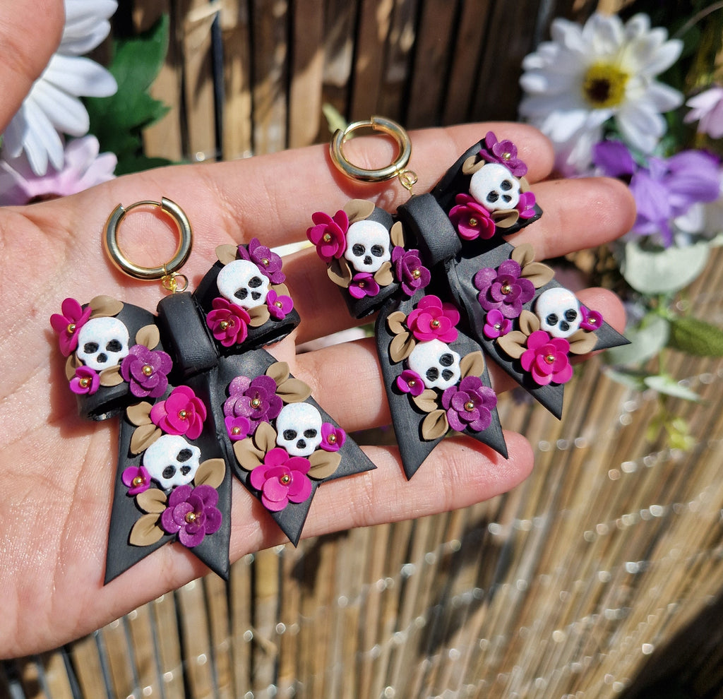 Skull Bow Dangle Earrings: Handmade Floral Stainless Steel Hoops
