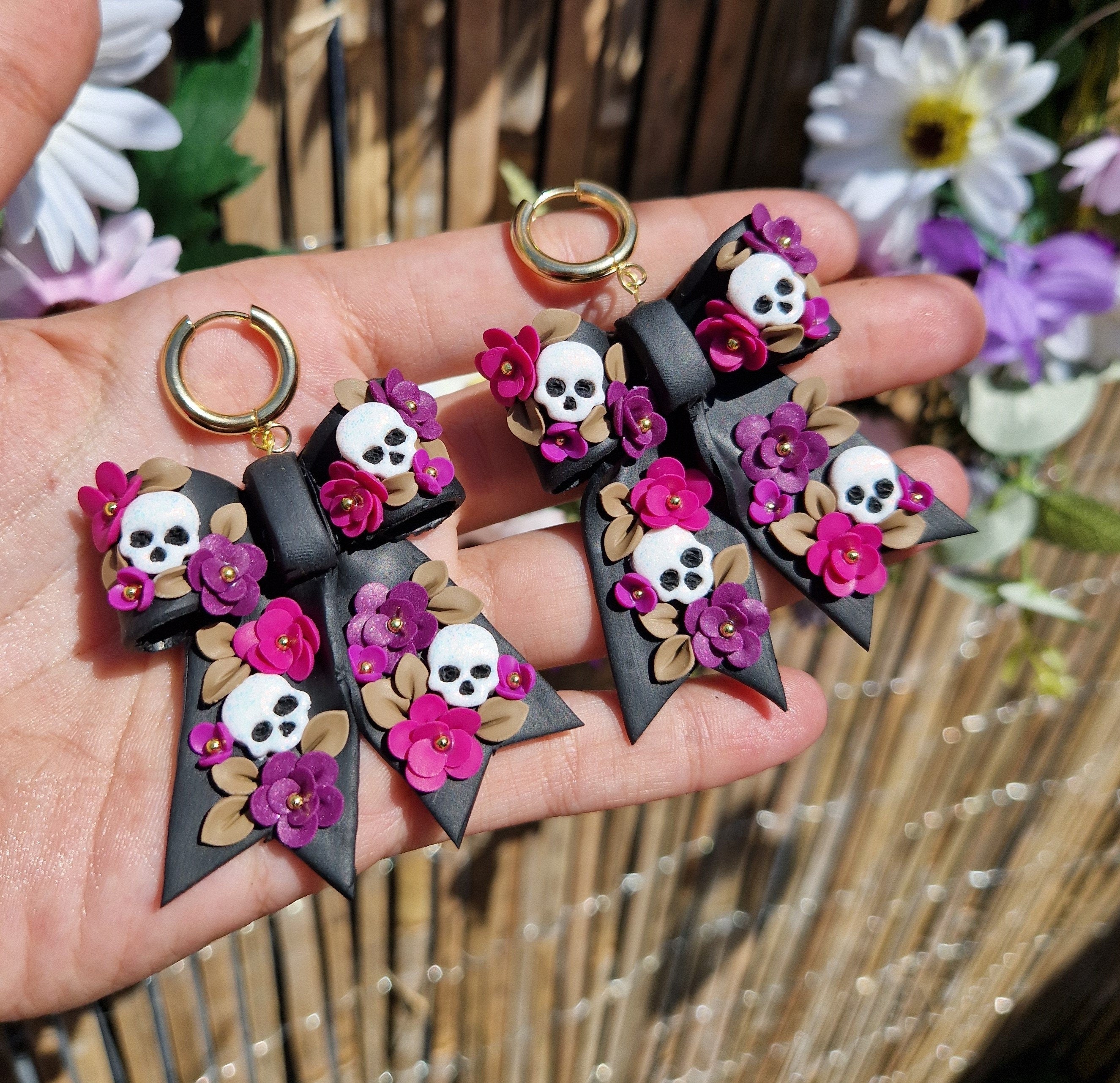 Skull Bow Dangle Earrings: Handmade Floral Stainless Steel Hoops
