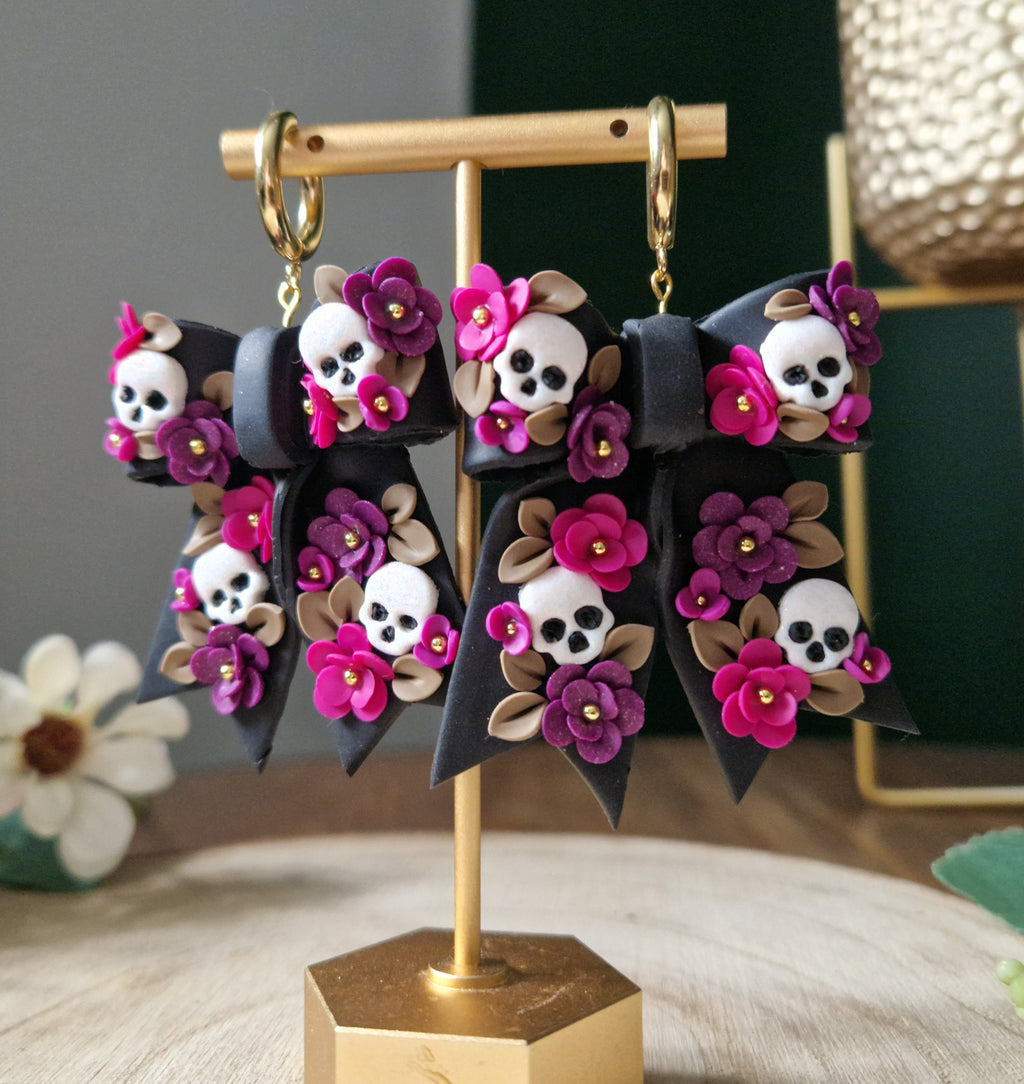 Skull Bow Dangle Earrings: Handmade Floral Stainless Steel Hoops