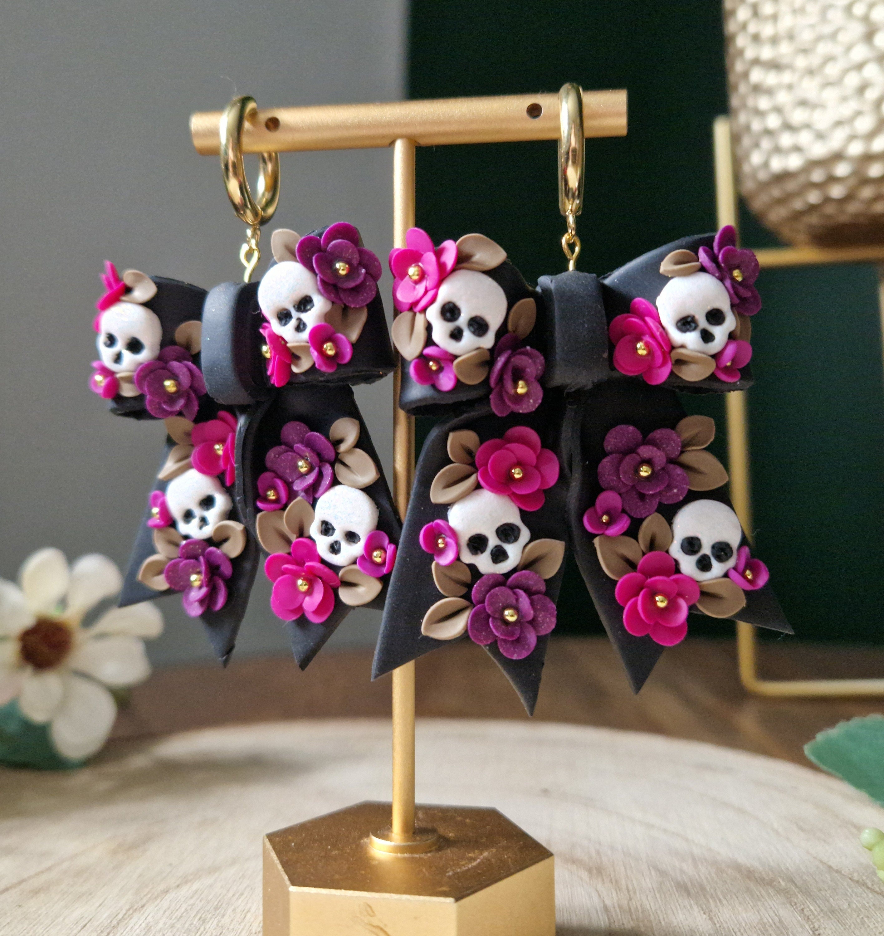 Skull Bow Dangle Earrings: Handmade Floral Stainless Steel Hoops