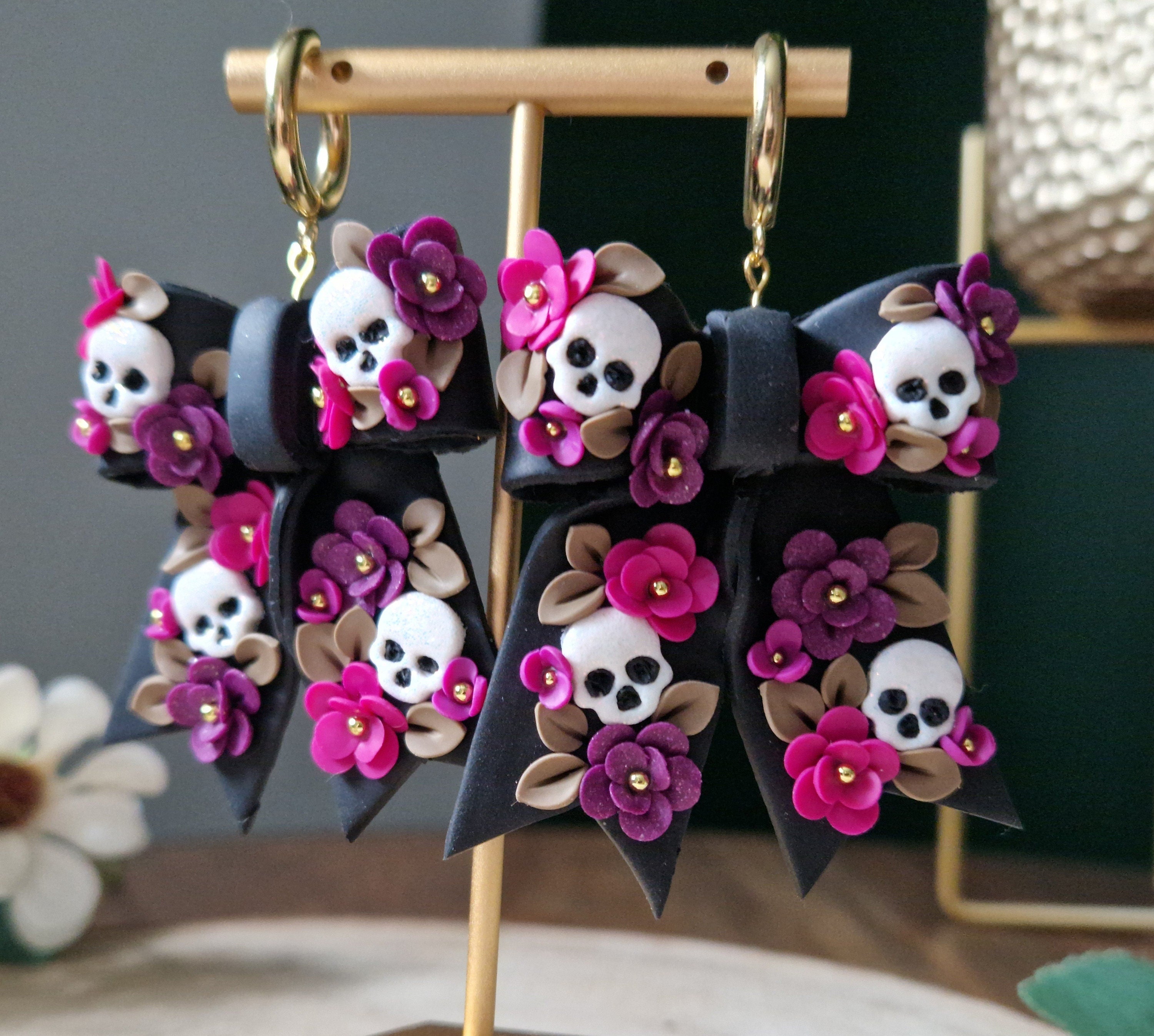 Skull Bow Dangle Earrings: Handmade Floral Stainless Steel Hoops