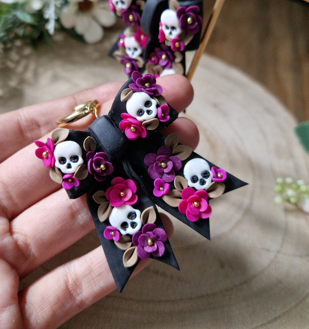 Skull Bow Dangle Earrings: Handmade Floral Stainless Steel Hoops