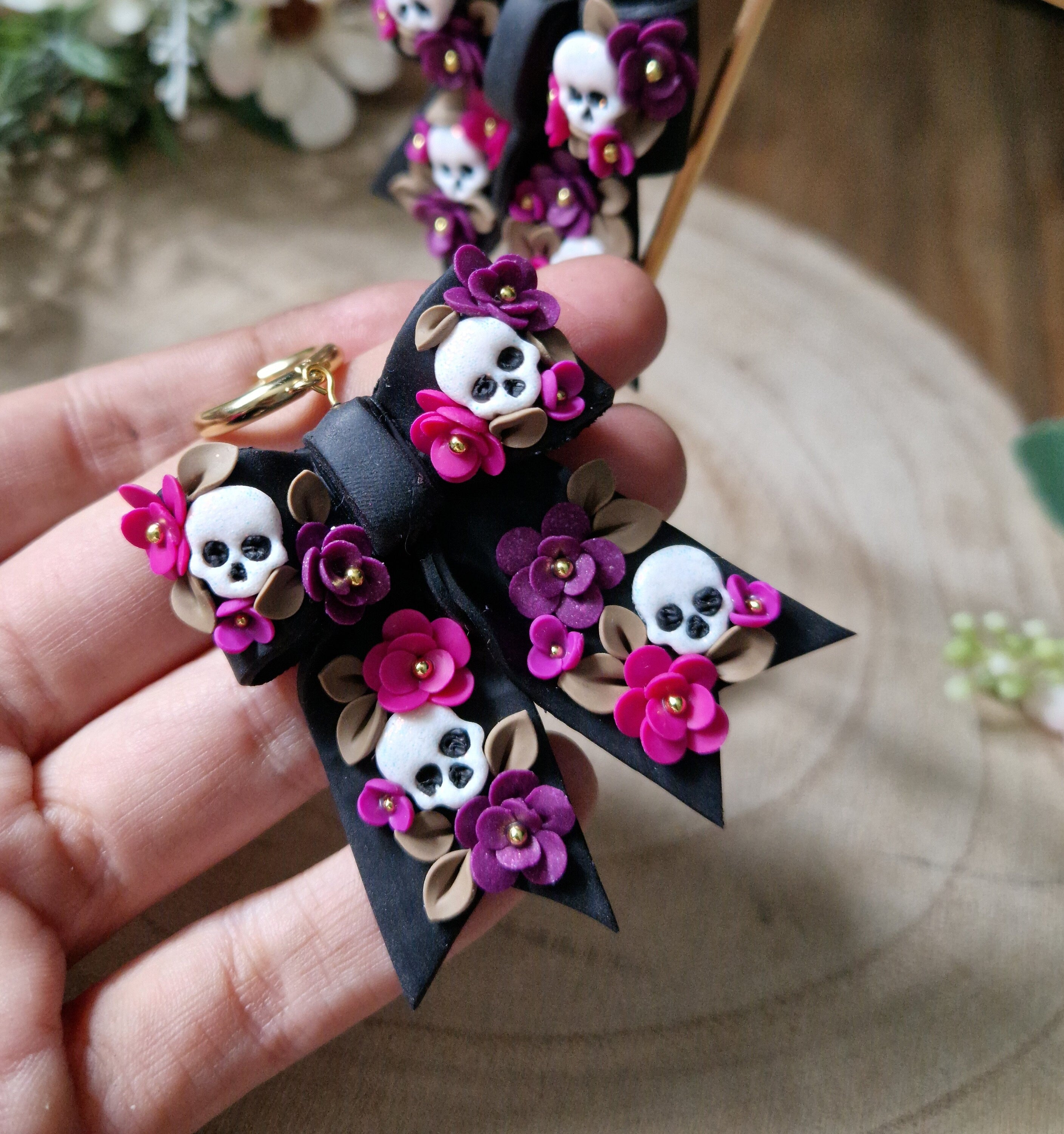 Skull Bow Dangle Earrings: Handmade Floral Stainless Steel Hoops