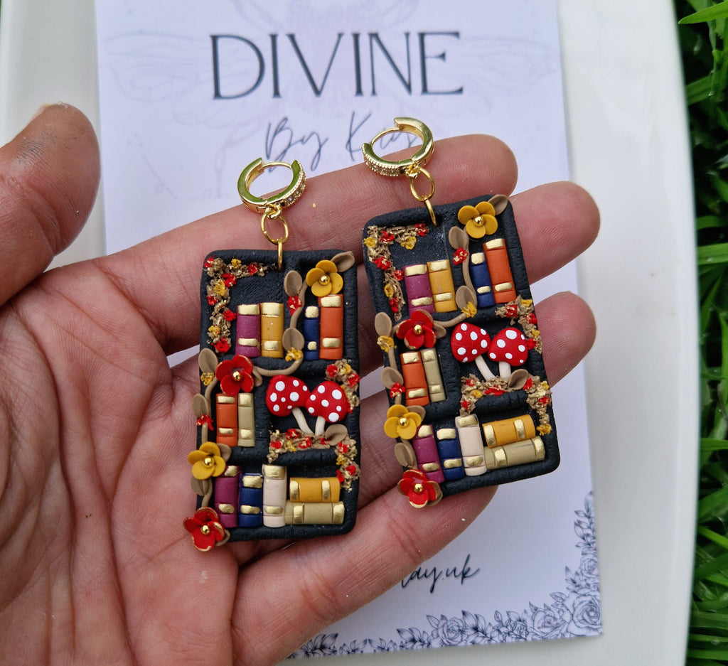 Bookshelf Earrings: Handmade Clay Books, Flowers & Mushrooms