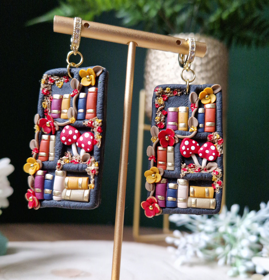 Bookshelf Earrings: Handmade Clay Books, Flowers & Mushrooms