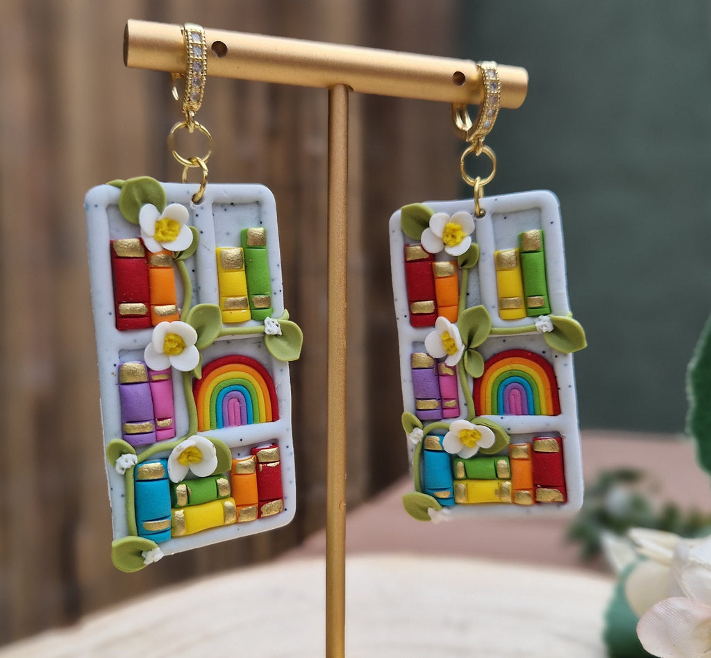 Rainbow Book Earrings: Handmade Clay Bookshelf Dangle Earrings