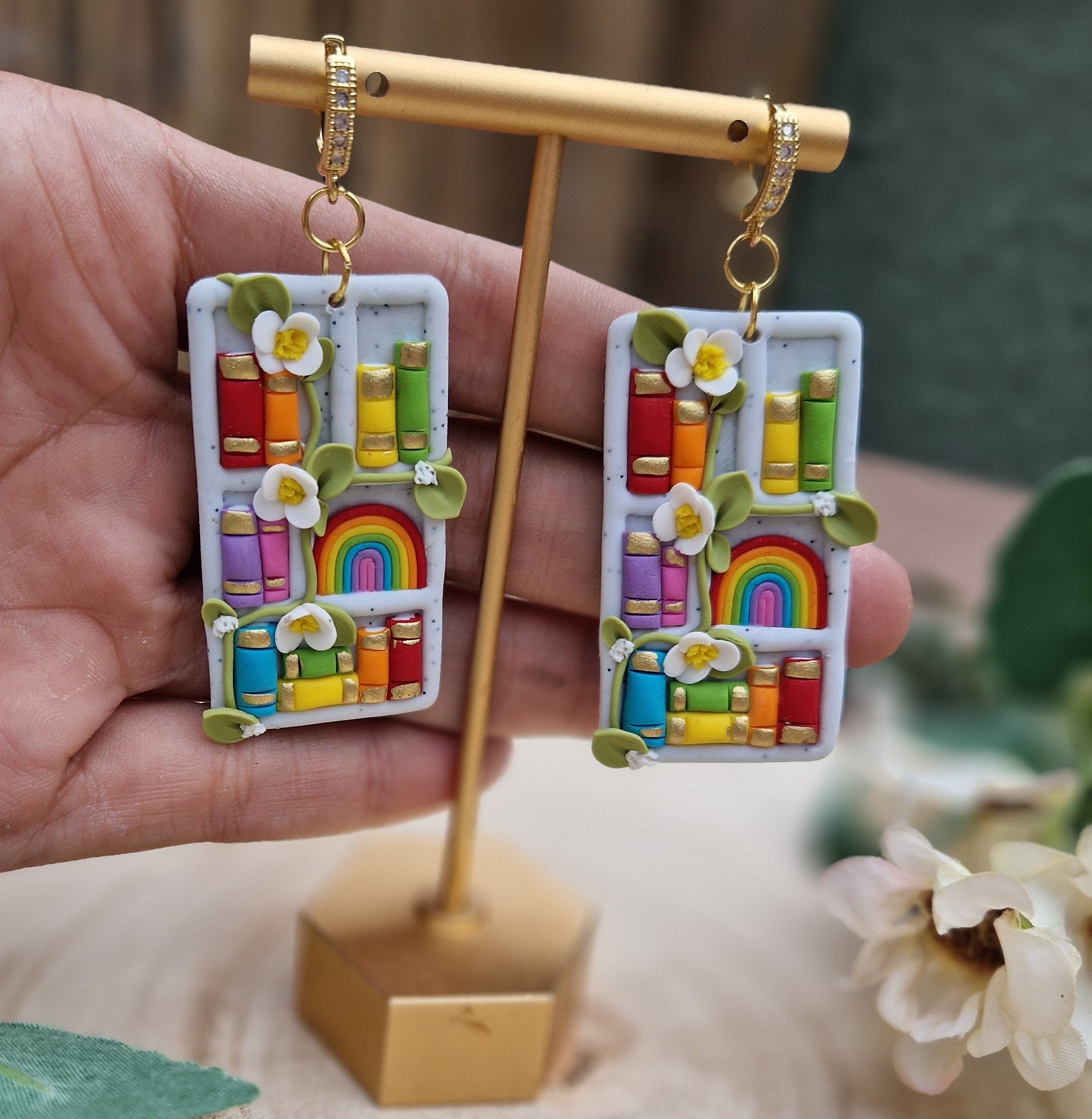 Rainbow Book Earrings: Handmade Clay Bookshelf Dangle Earrings