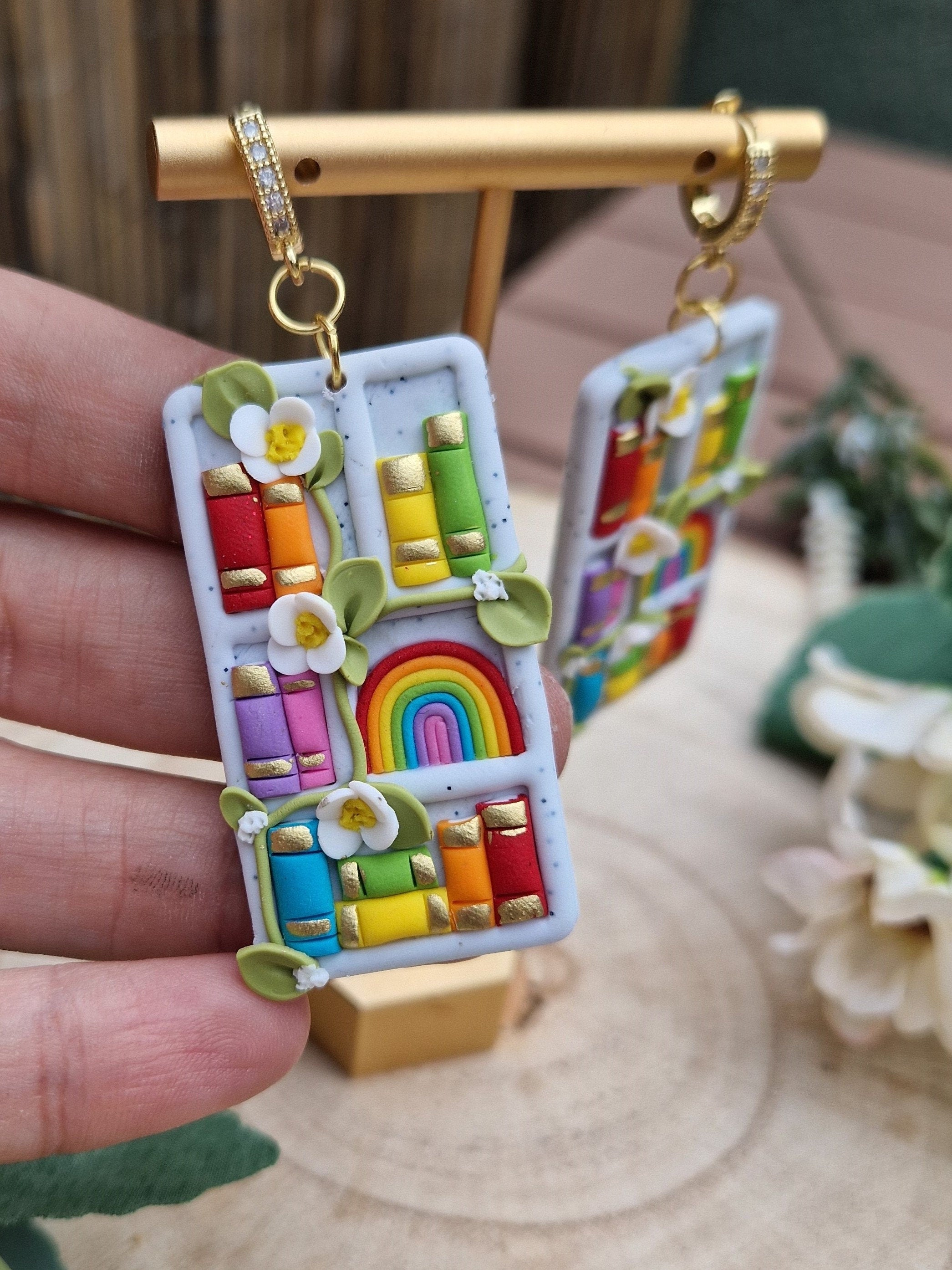 Rainbow Book Earrings: Handmade Clay Bookshelf Dangle Earrings