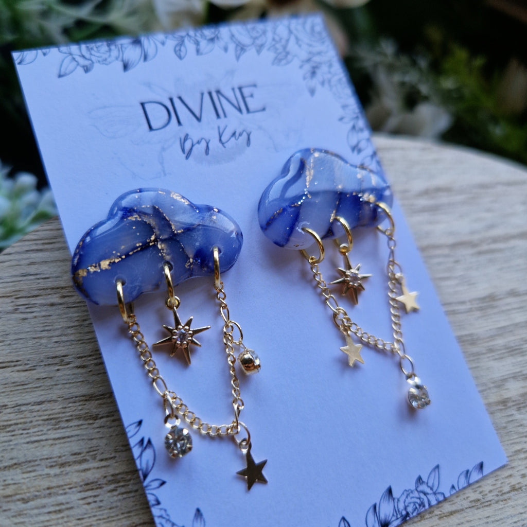 Stormy Cloud Stud Earrings: Navy, Gold Flake, CZ Star Dangle