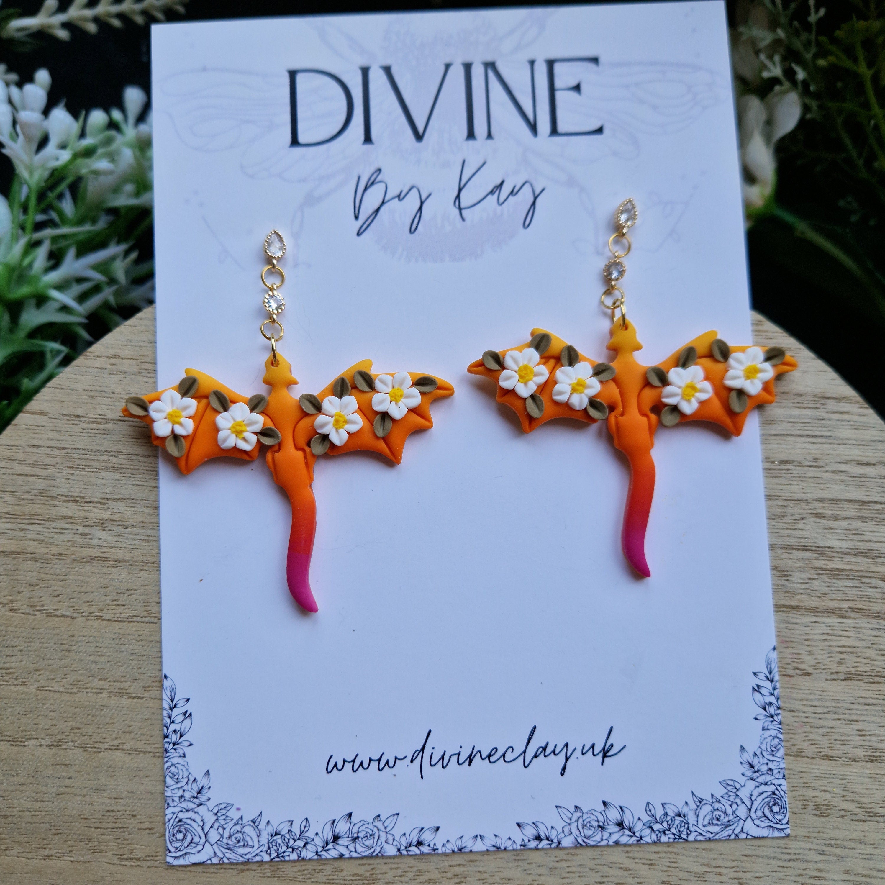 sunset daisy dragon earrings - gothic jewellery - gift ideas for her - elegant clay earrings