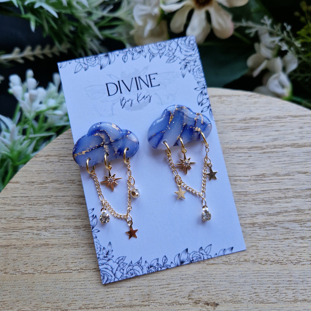 Stormy Cloud Stud Earrings: Navy, Gold Flake, CZ Star Dangle