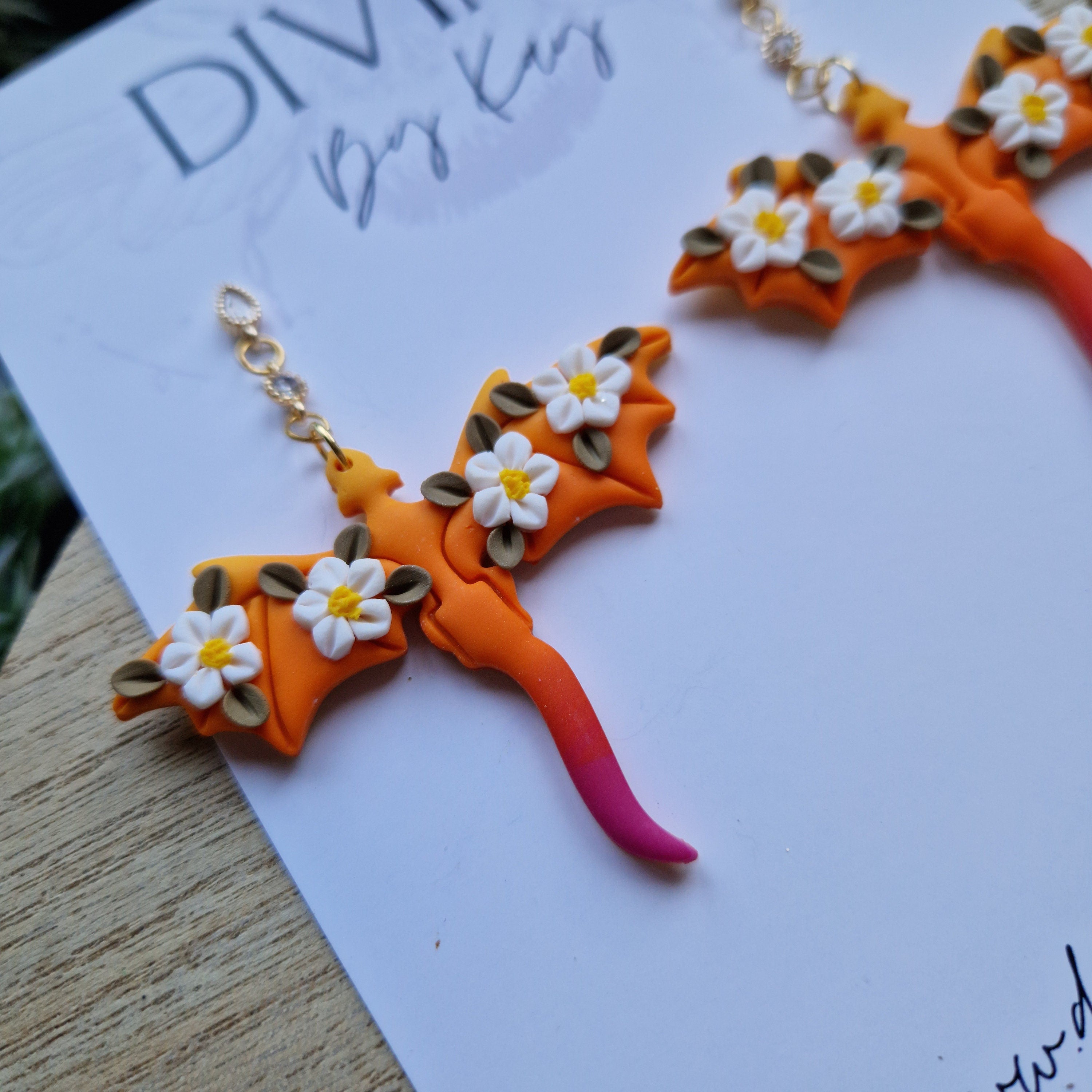 sunset daisy dragon earrings - gothic jewellery - gift ideas for her - elegant clay earrings