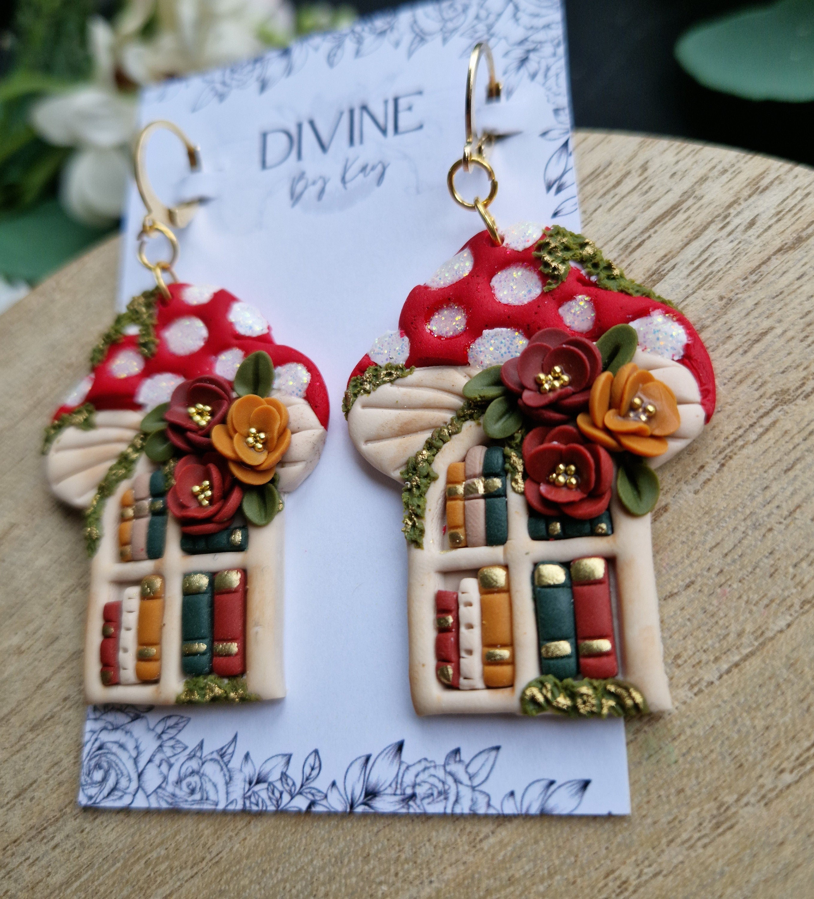 Mushroom Book Earrings: Handmade Clay Bookshelf Earrings