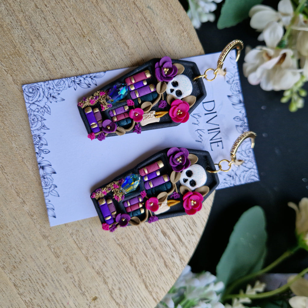 Skull Coffin Book Earrings: Witchcraft Bookcase Earrings