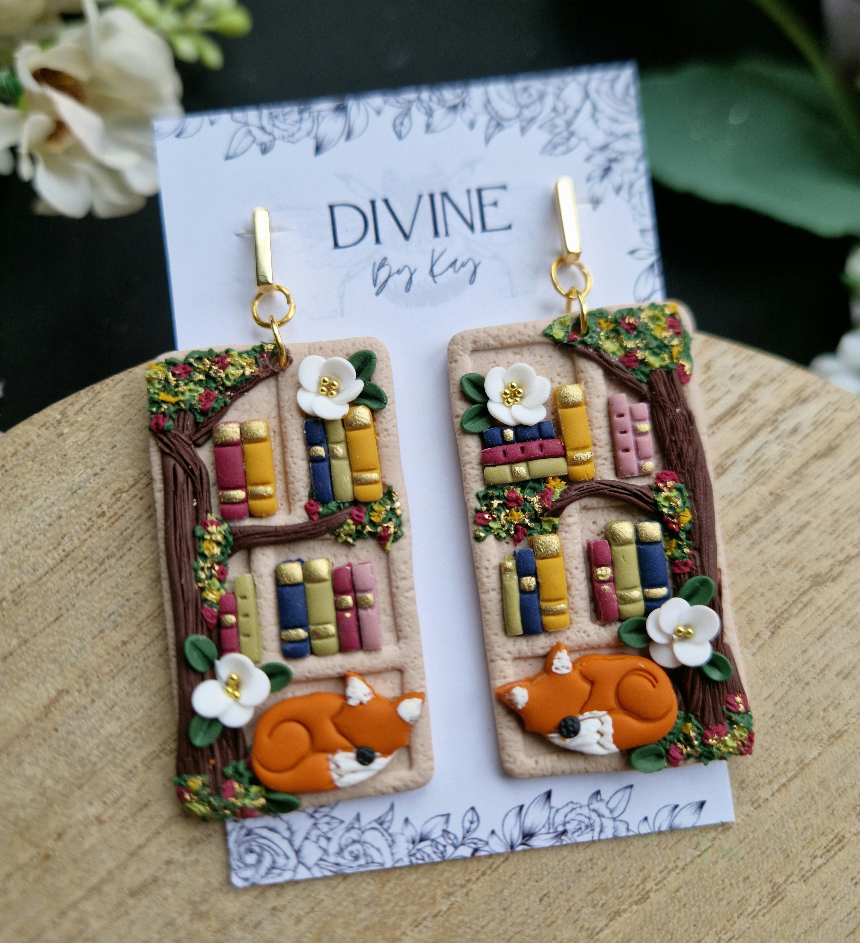 Cottage Core Clay Bookshelf Earrings: Fox & Miniature Books
