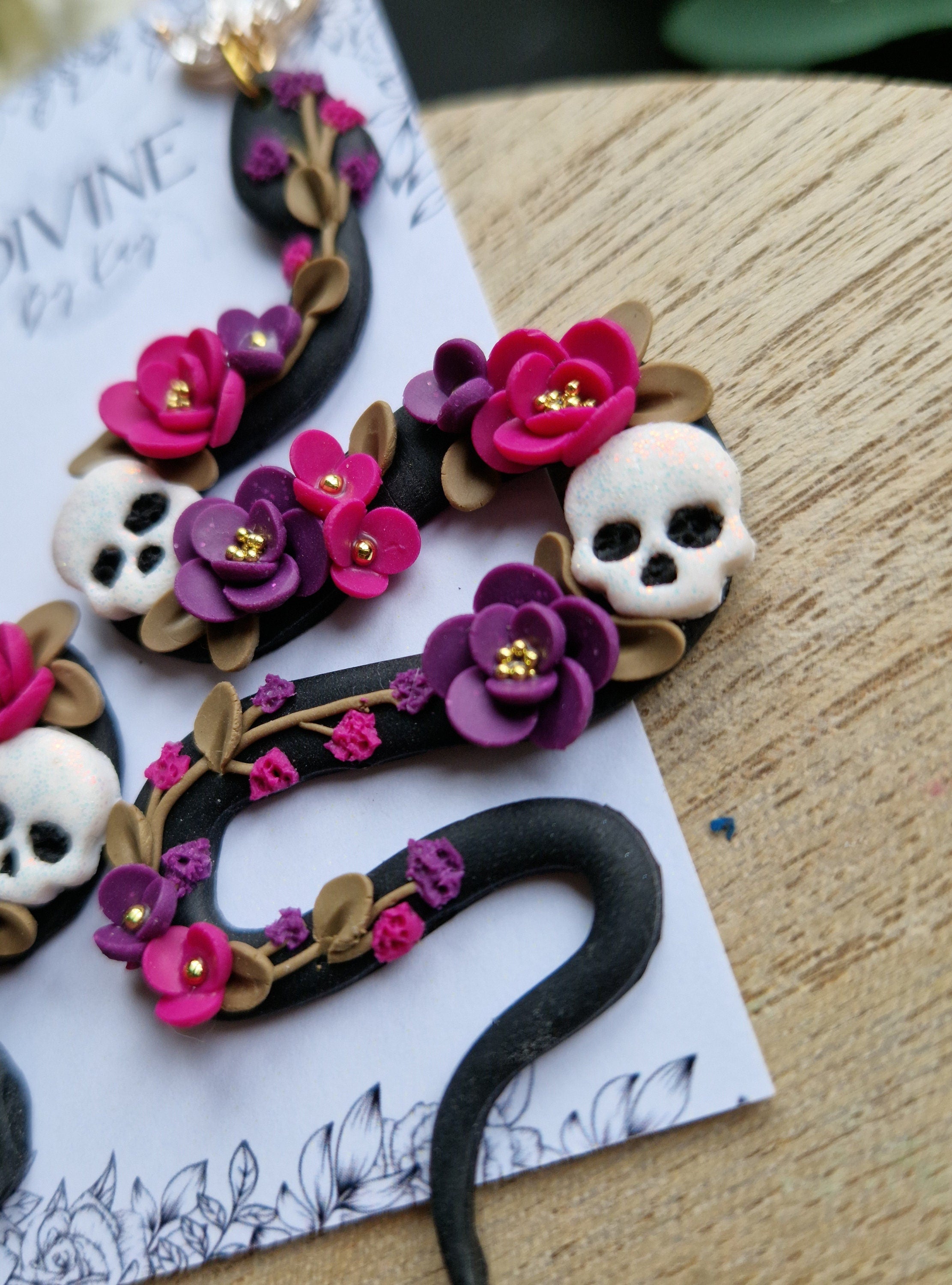 Handmade Clay Snake Earrings: Floral Skull Jewelry