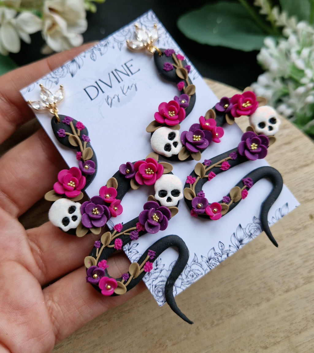Handmade Clay Snake Earrings: Floral Skull Jewelry