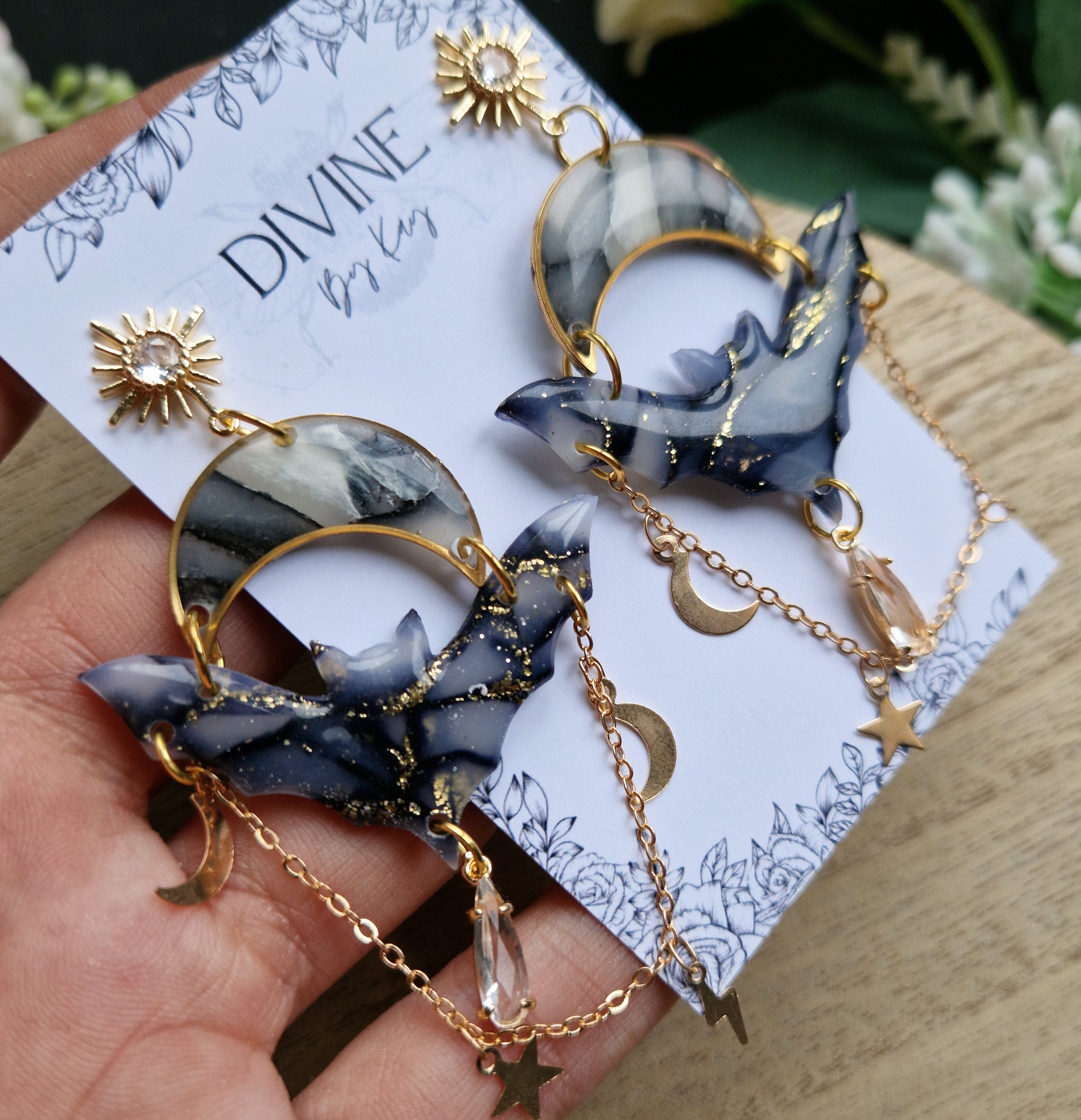 celestial bat earrings - halloween earrings - clay jewellery