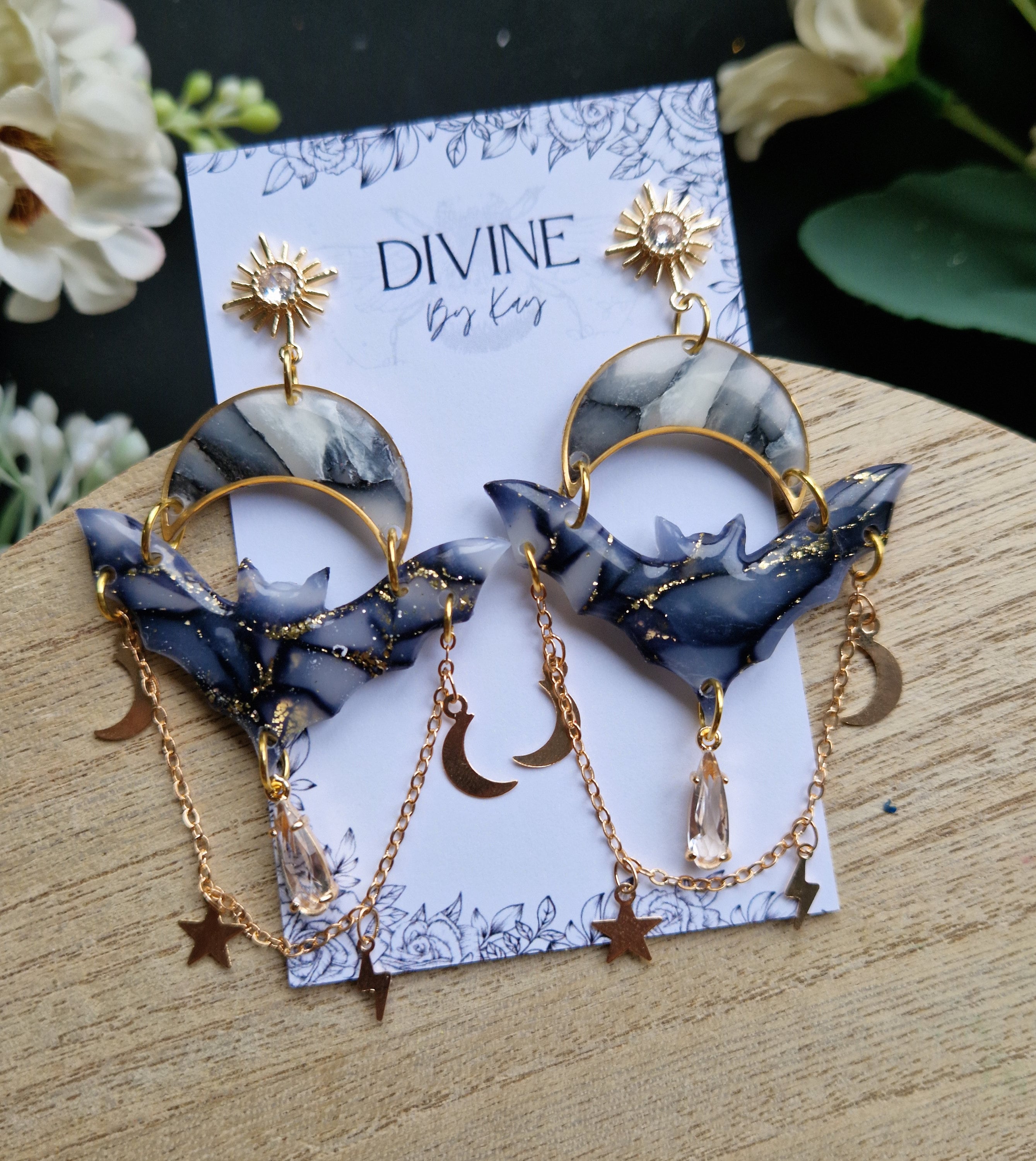 celestial bat earrings - halloween earrings - clay jewellery