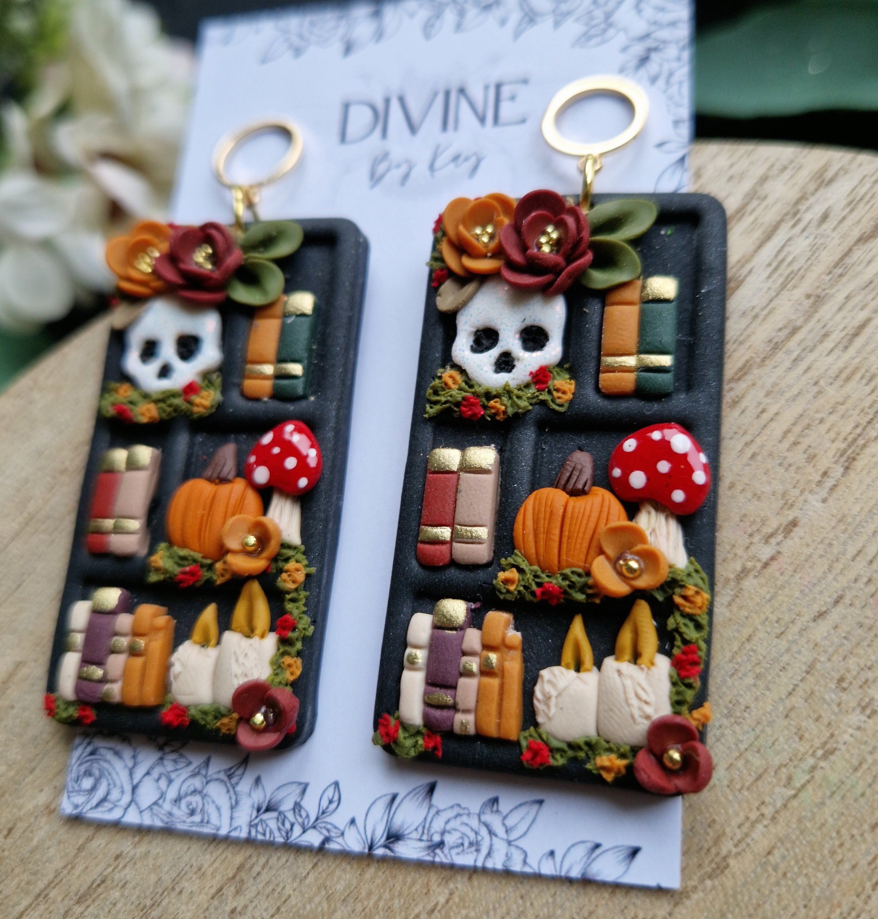 Spooky Halloween Book Earrings: Clay Bookshelf Earrings