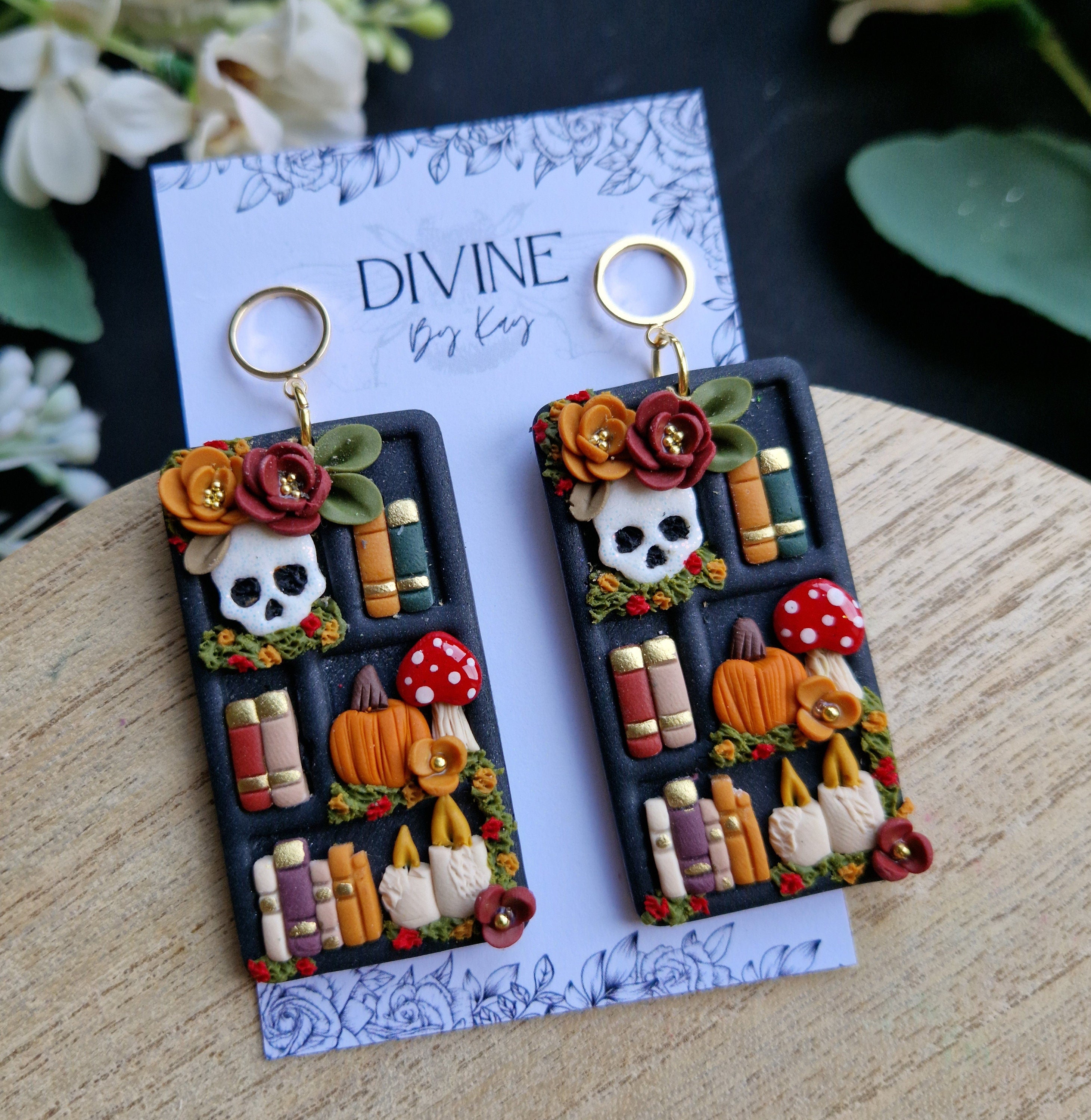 Spooky Halloween Book Earrings: Clay Bookshelf Earrings