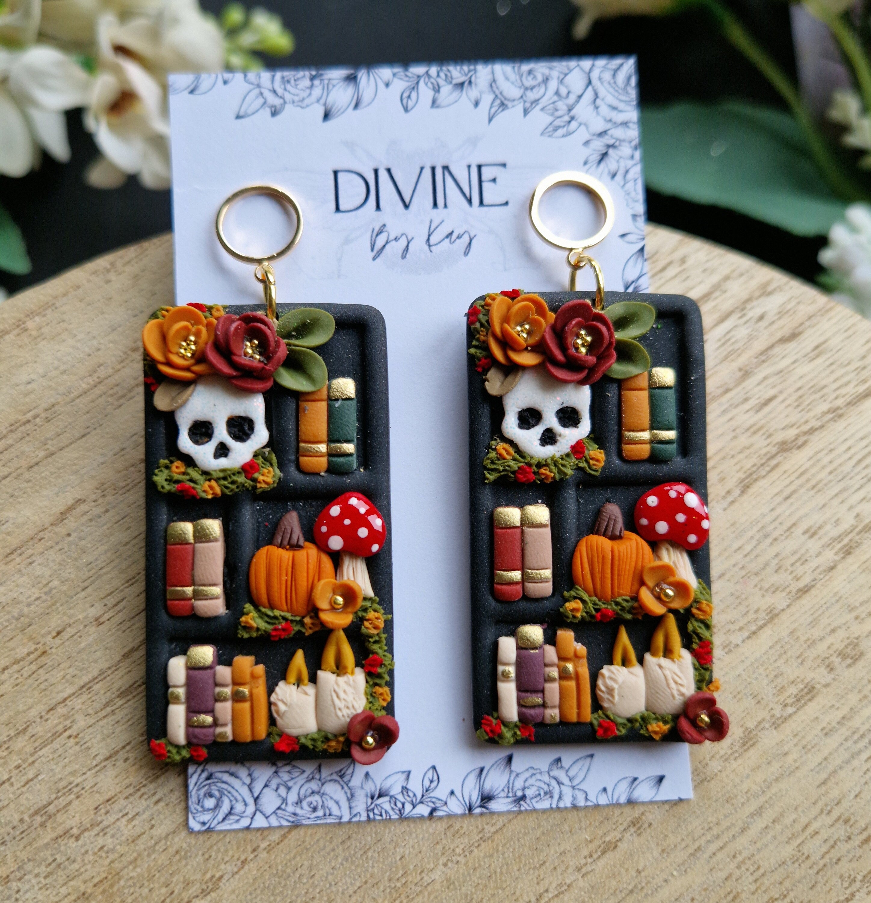 Spooky Halloween Book Earrings: Clay Bookshelf Earrings