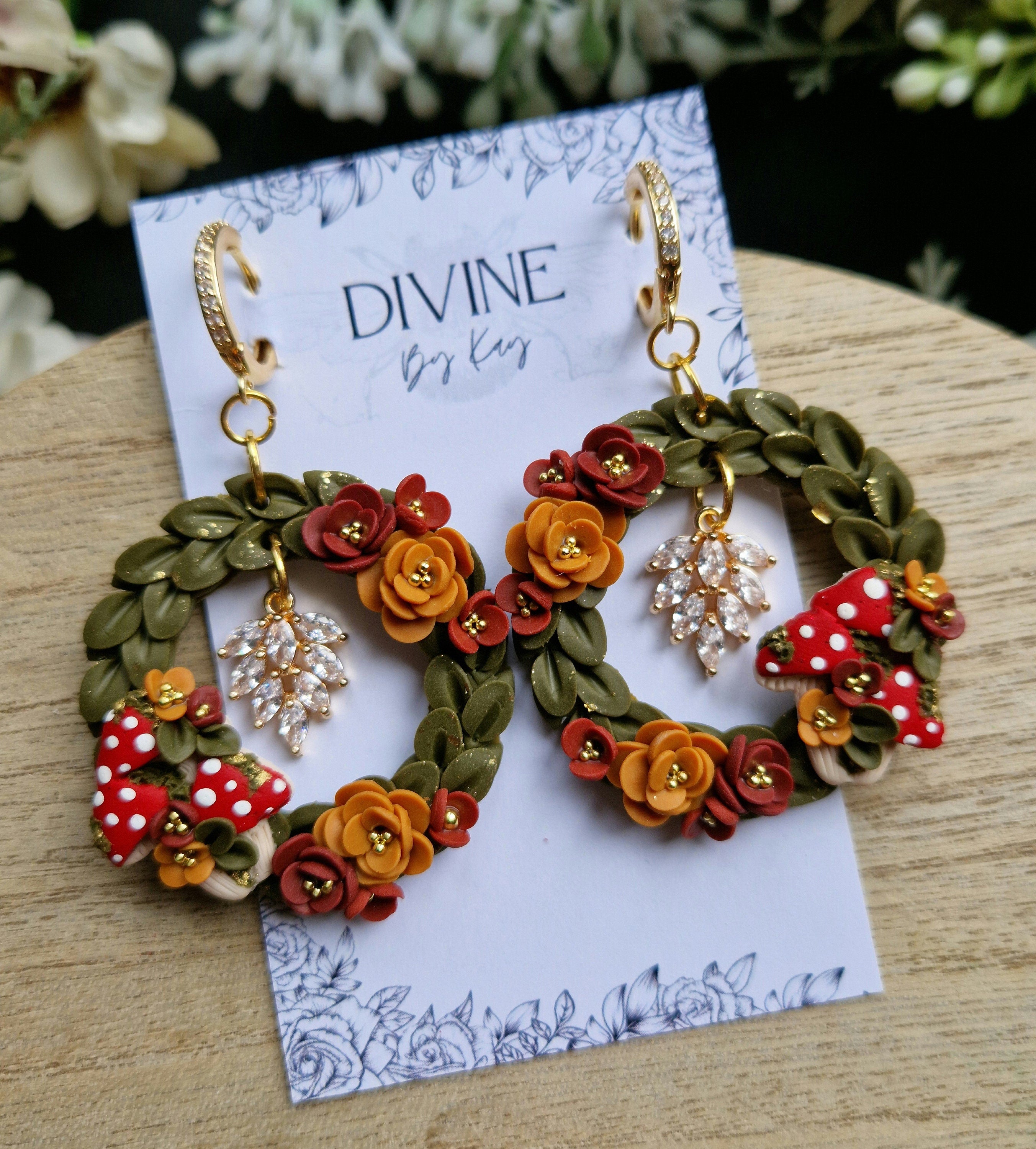 Mushroom Wreath Earrings: Clay Fairycore Jewelry with CZ Charm