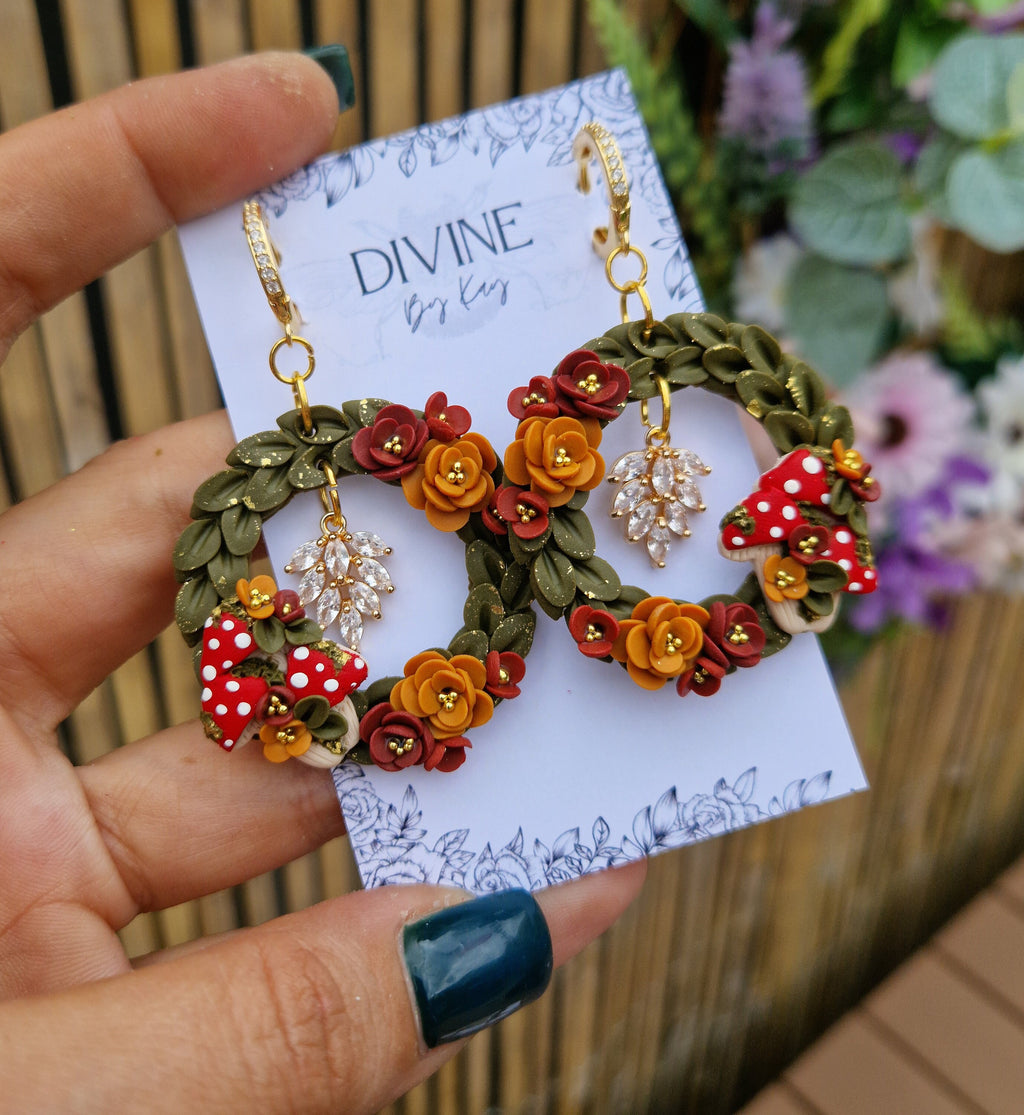 Mushroom Wreath Earrings: Clay Fairycore Jewelry with CZ Charm