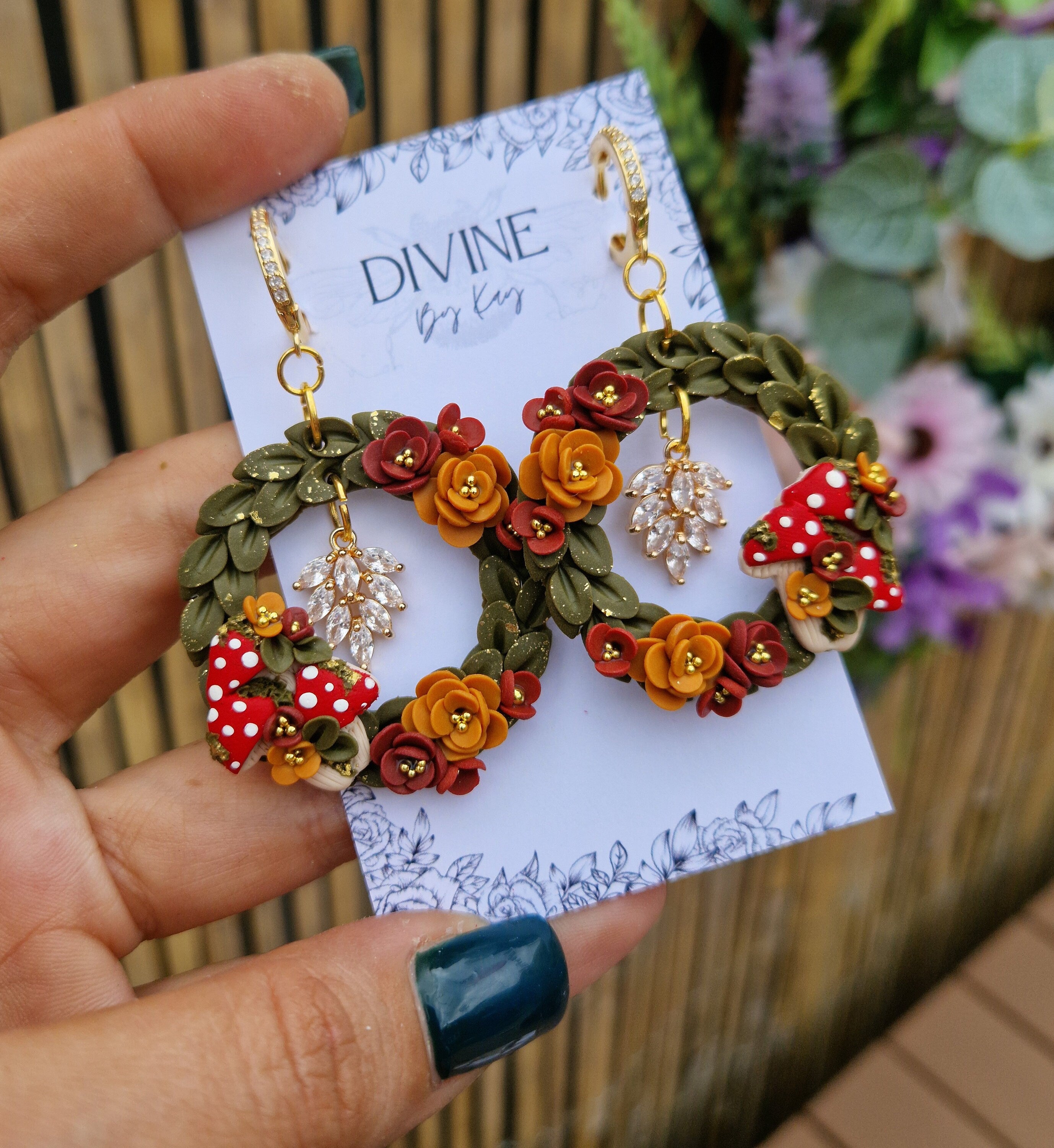 Mushroom Wreath Earrings: Clay Fairycore Jewelry with CZ Charm