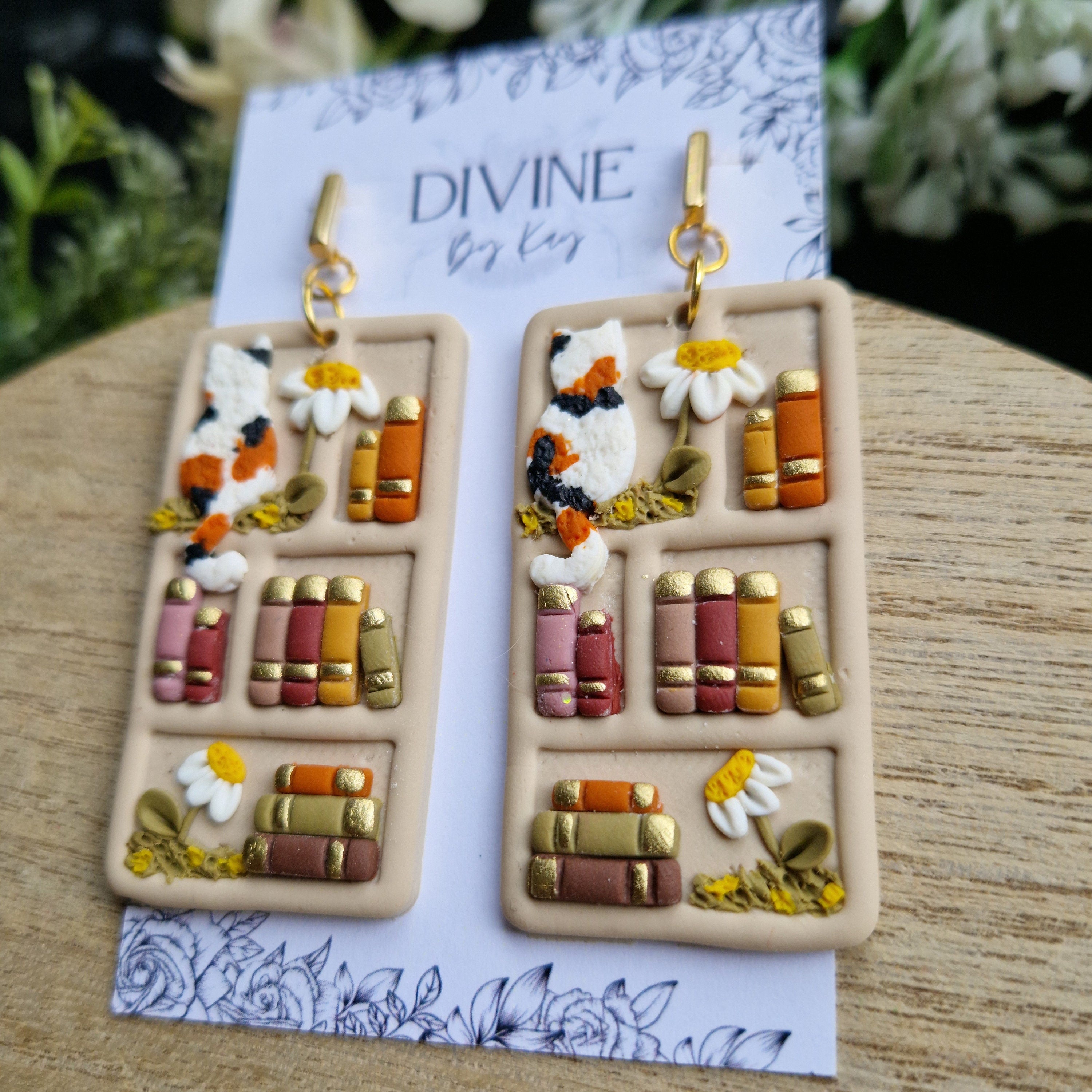Cat Bookshelf Earrings: Cottagecore Book Lover Jewelry