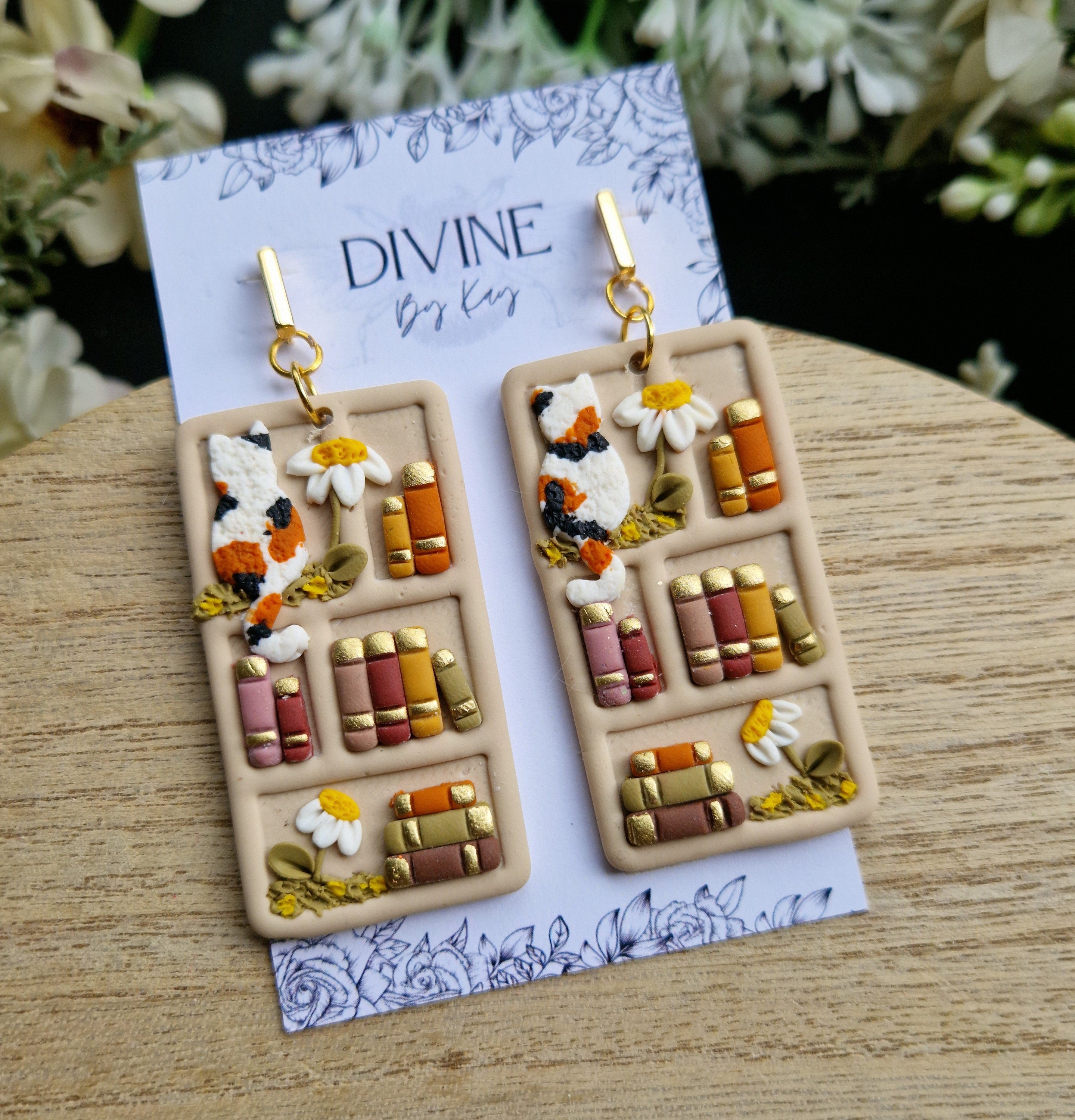 Cat Bookshelf Earrings: Cottagecore Book Lover Jewelry
