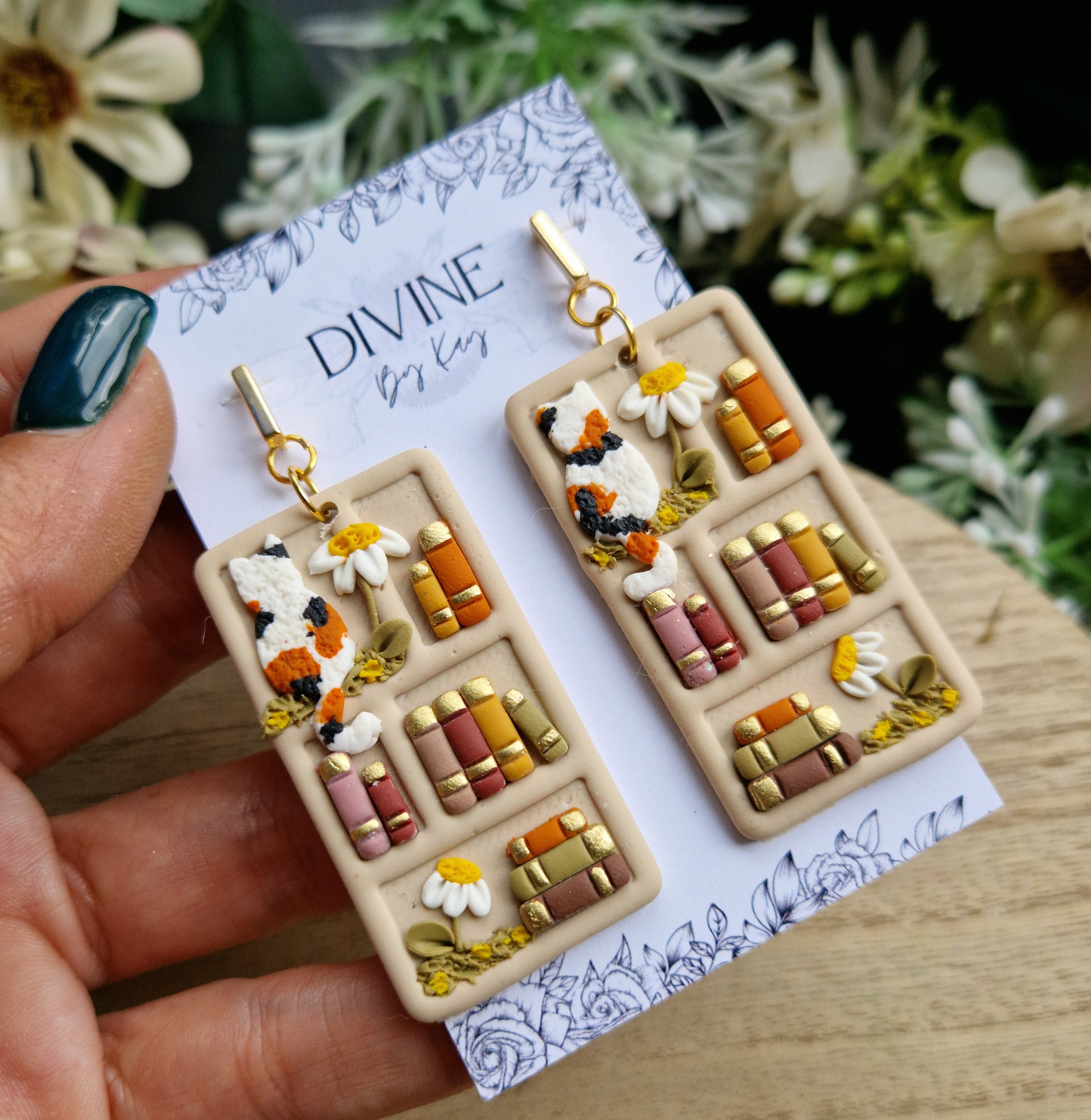 Cat Bookshelf Earrings: Cottagecore Book Lover Jewelry