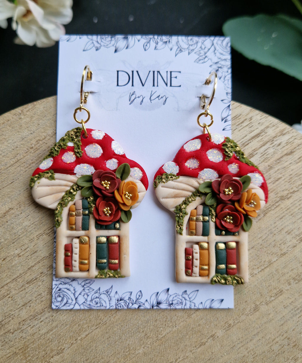 Mushroom Book Earrings: Handmade Clay Bookshelf Earrings