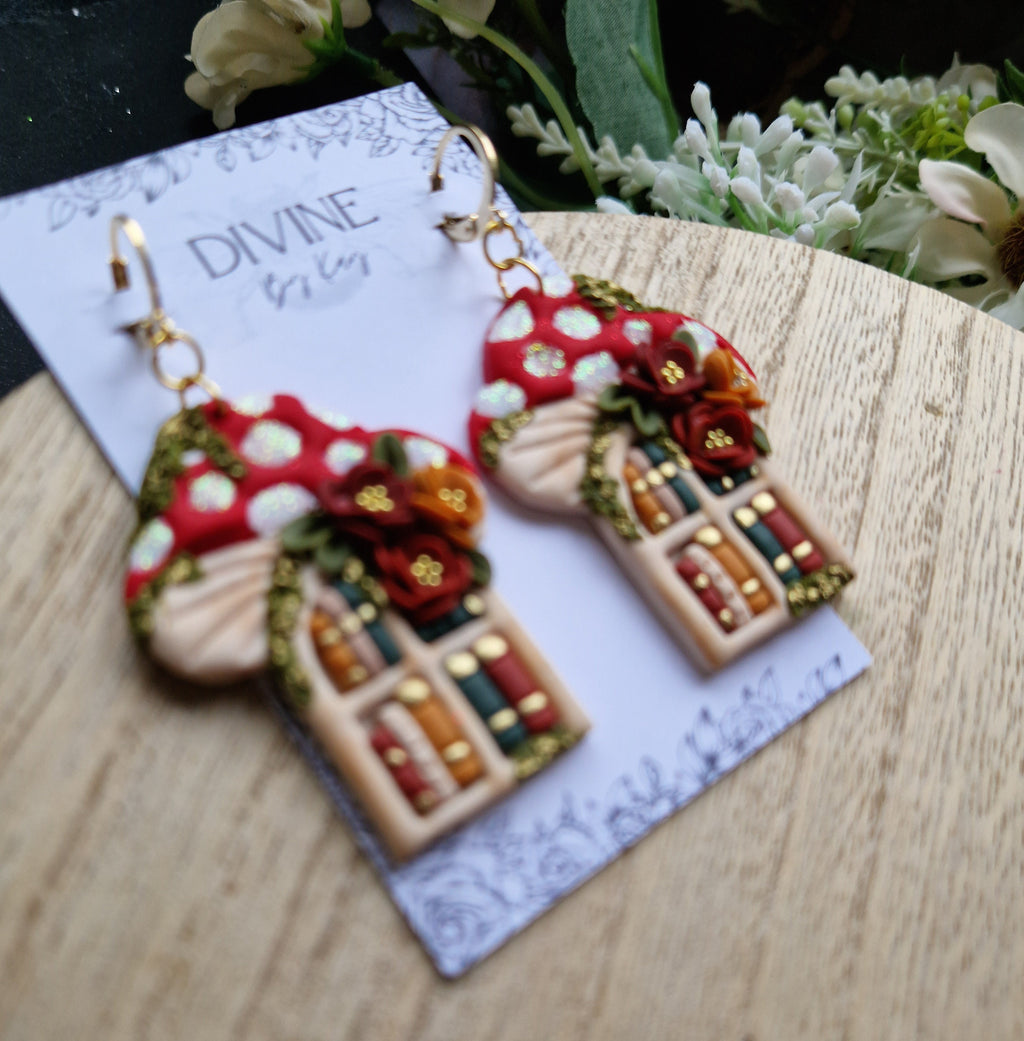 Mushroom Book Earrings: Handmade Clay Bookshelf Earrings