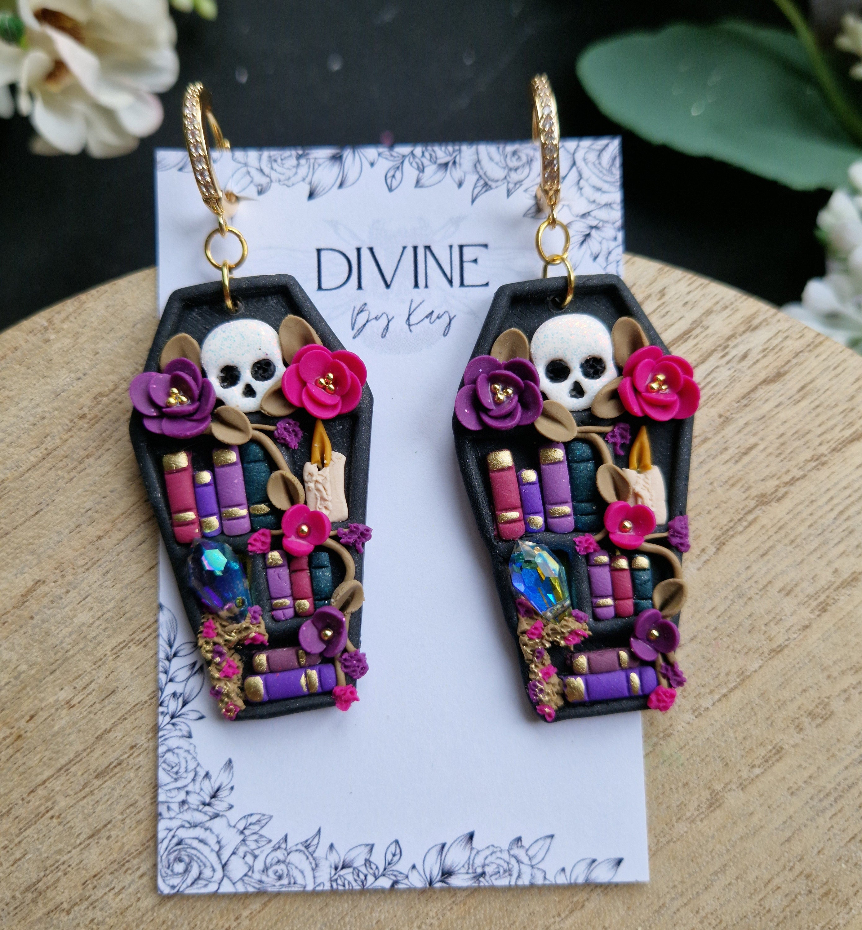 Skull Coffin Book Earrings: Witchcraft Bookcase Earrings
