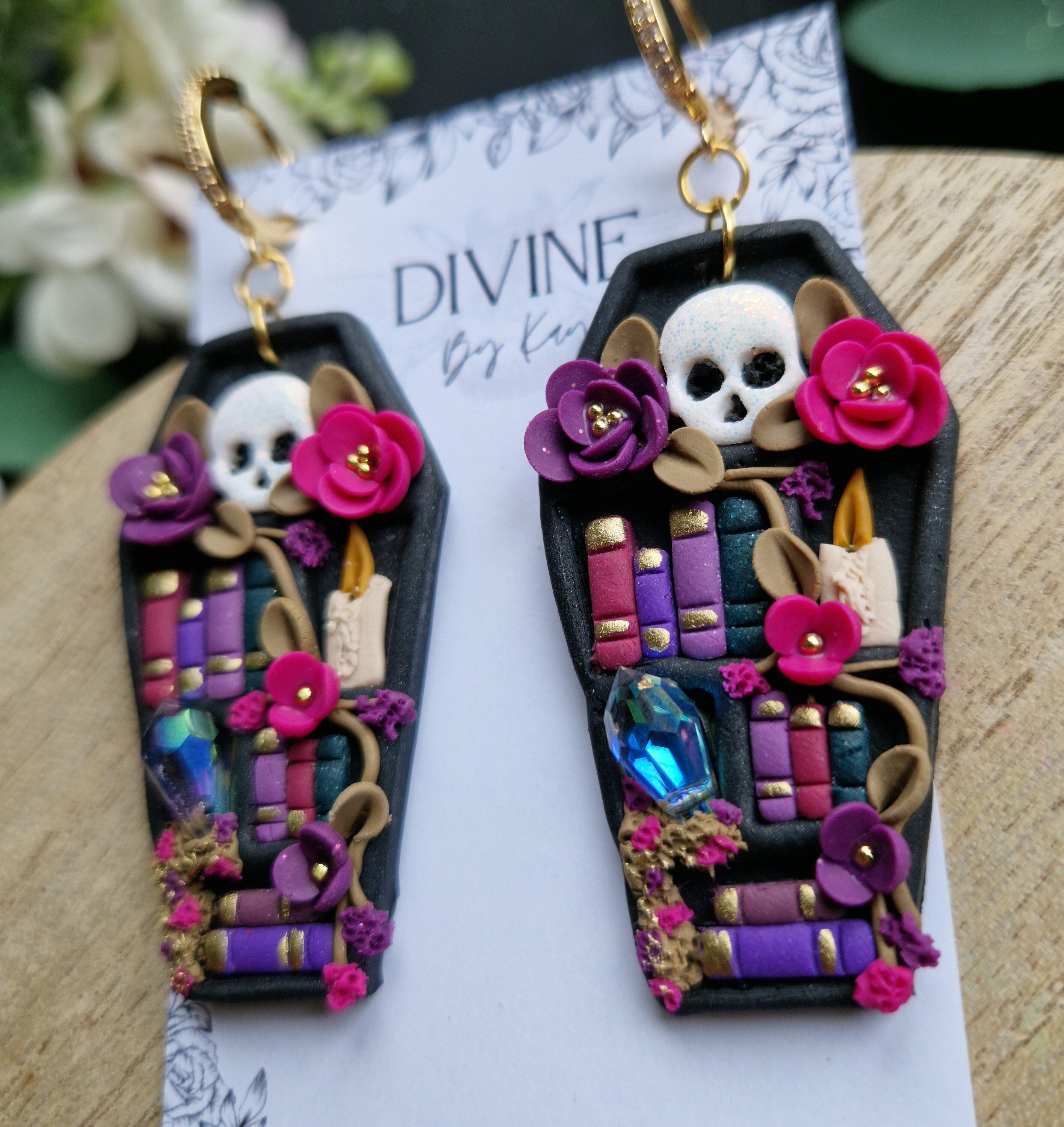 Skull Coffin Book Earrings: Witchcraft Bookcase Earrings