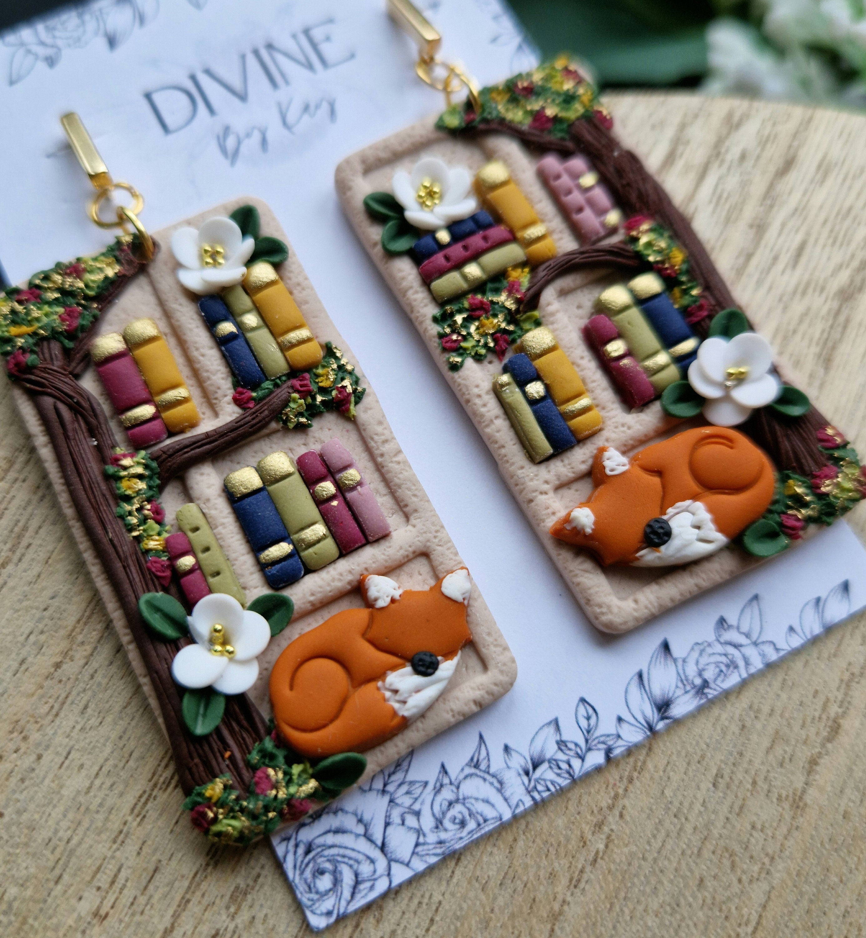 Cottage Core Clay Bookshelf Earrings: Fox & Miniature Books