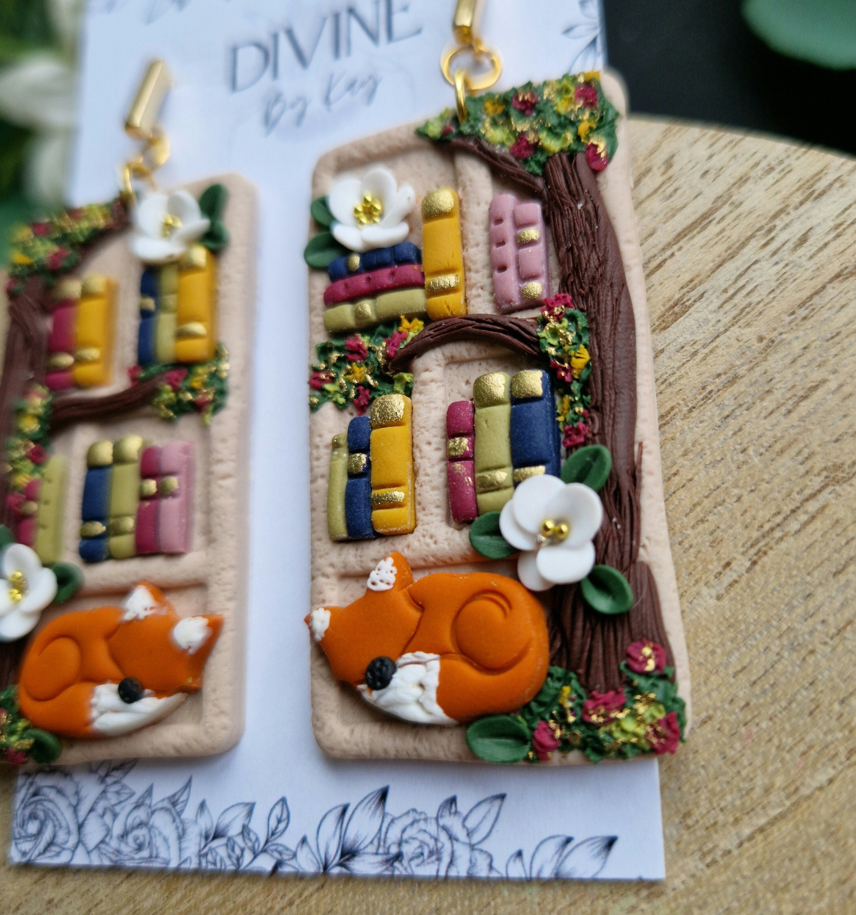 Cottage Core Clay Bookshelf Earrings: Fox & Miniature Books