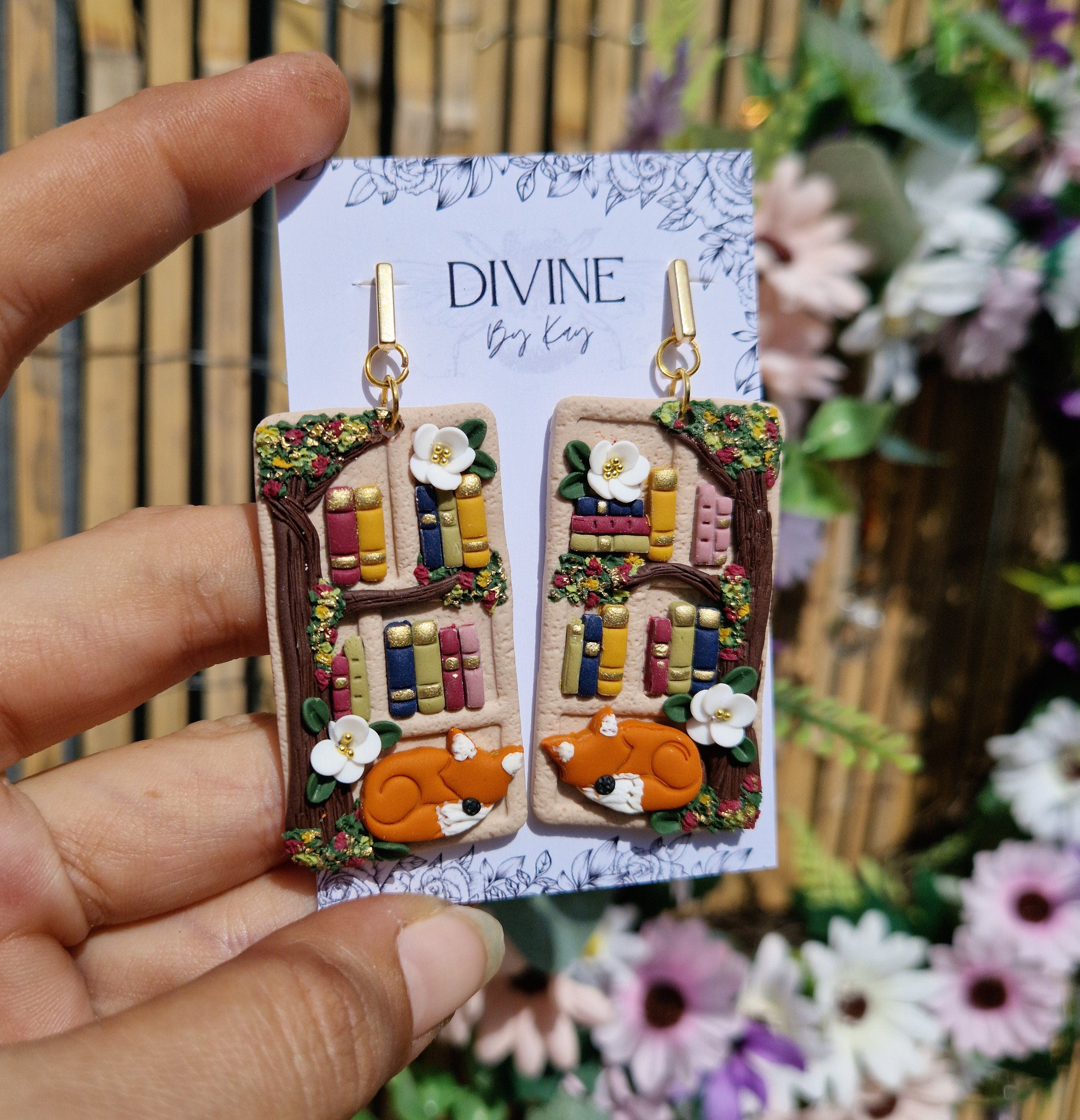 Cottage Core Clay Bookshelf Earrings: Fox & Miniature Books