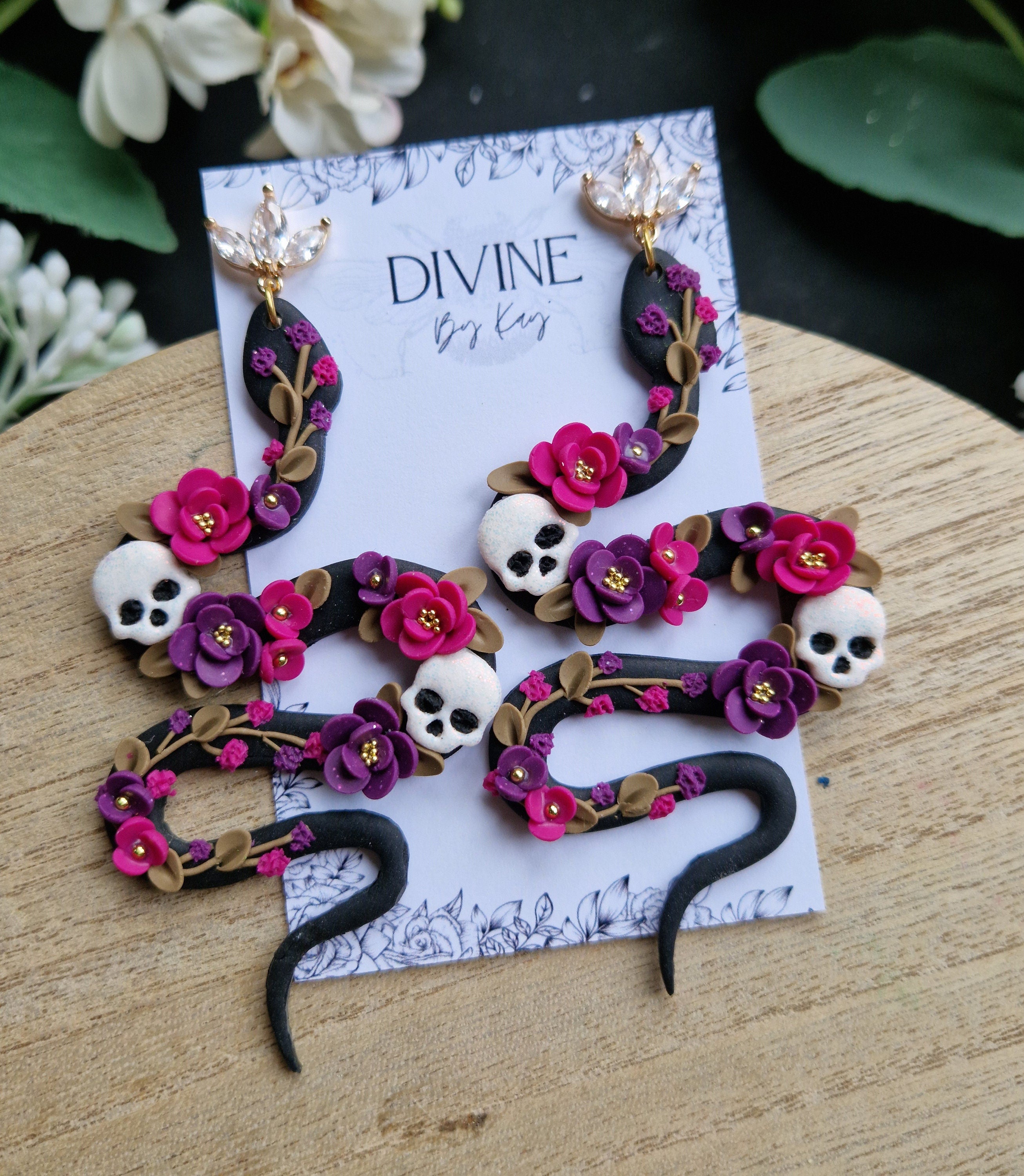 Handmade Clay Snake Earrings: Floral Skull Jewelry