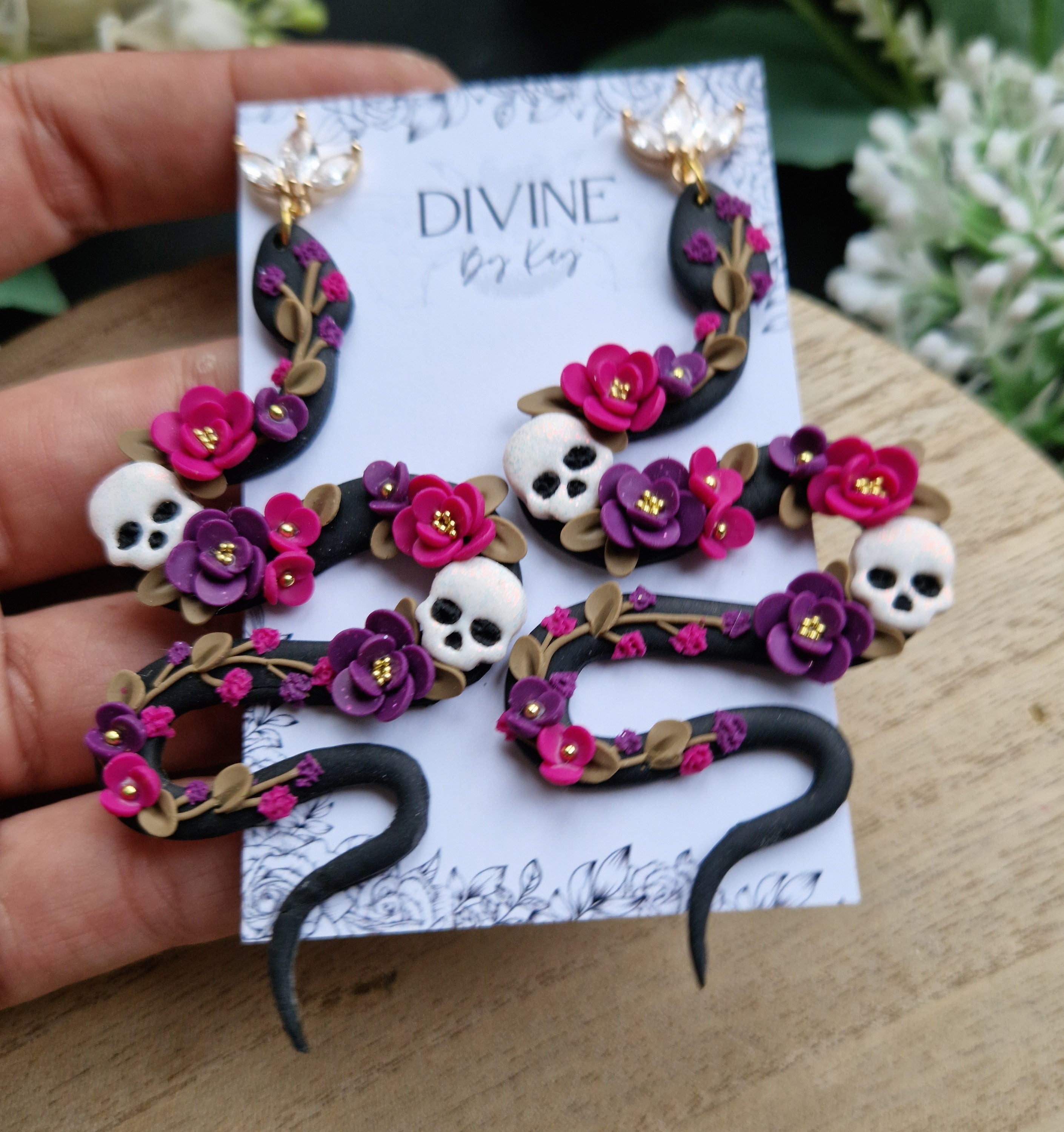 Handmade Clay Snake Earrings: Floral Skull Jewelry