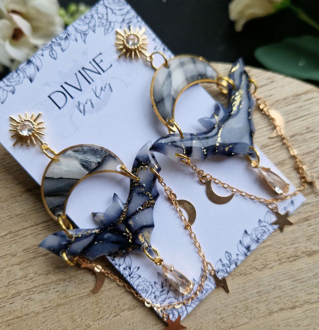 celestial bat earrings - halloween earrings - clay jewellery