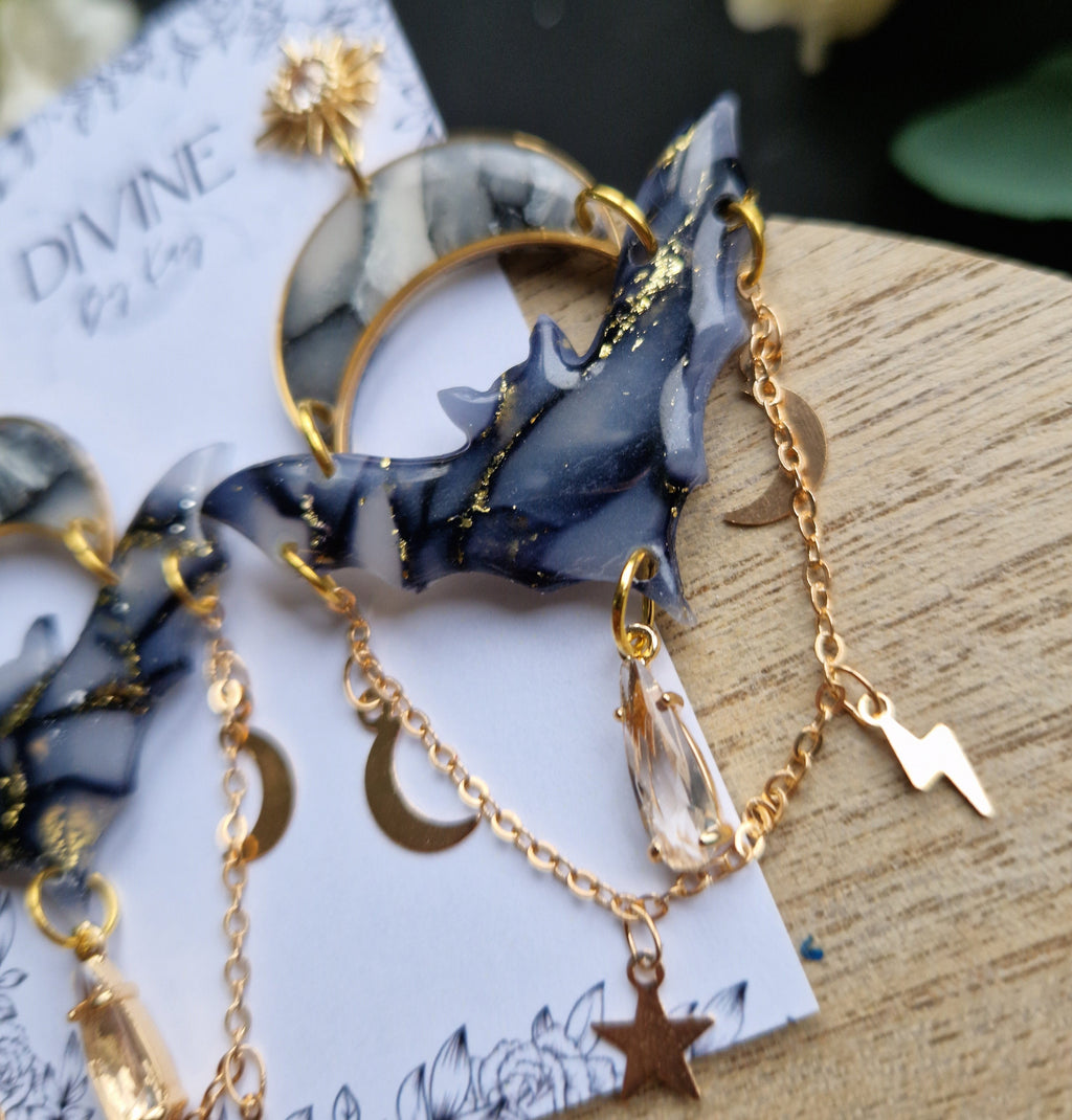 celestial bat earrings - halloween earrings - clay jewellery