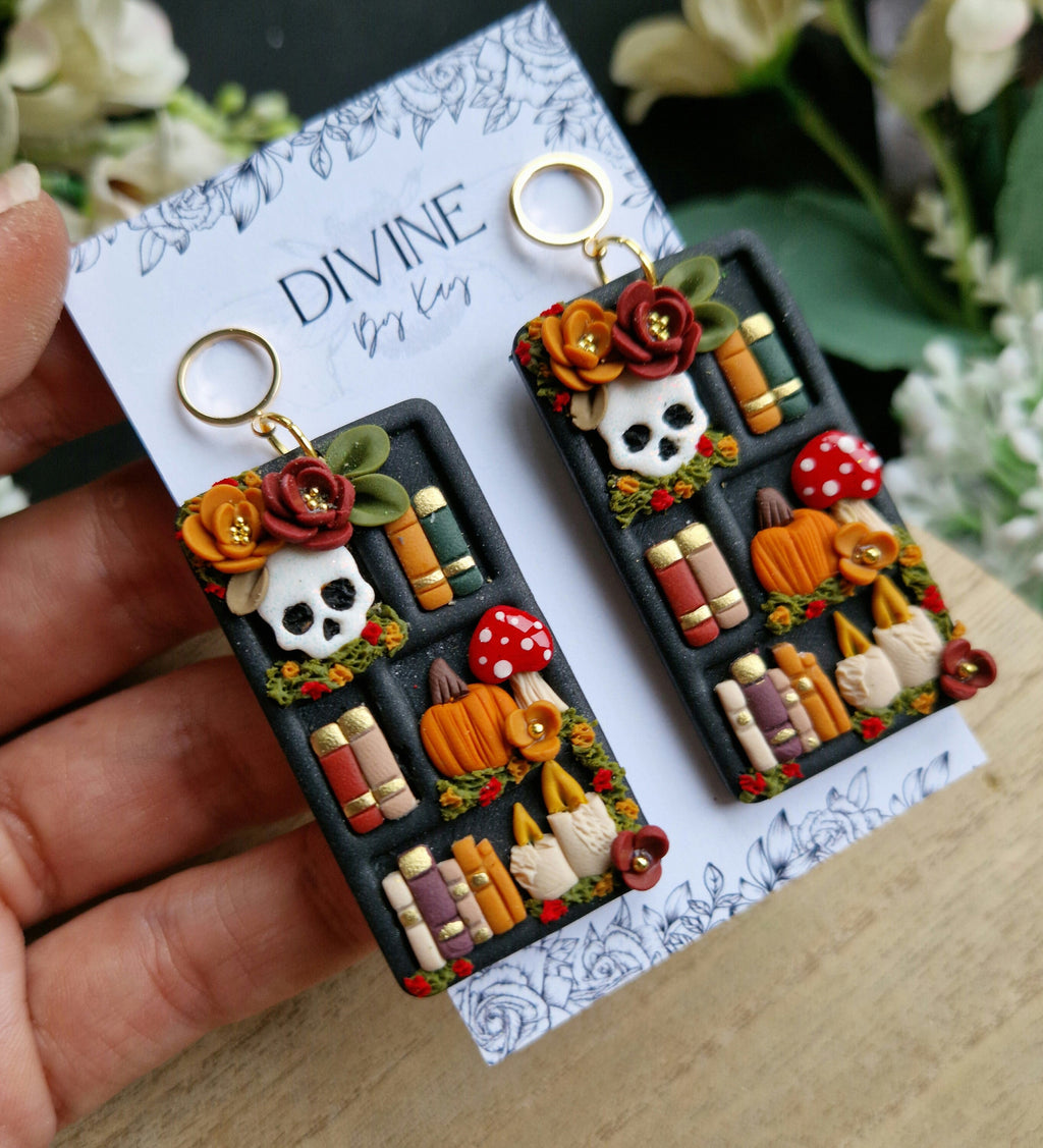 Spooky Halloween Book Earrings: Clay Bookshelf Earrings